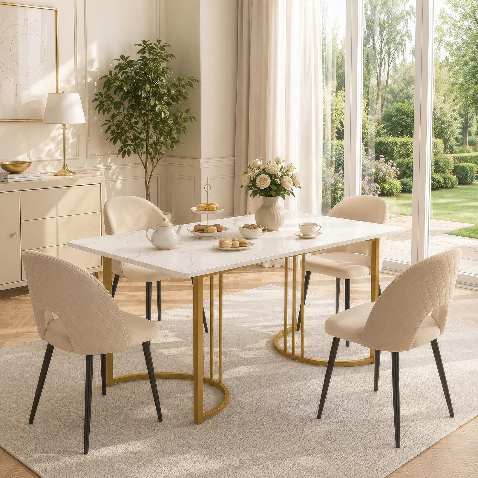 Esstisch 140 x 80 cm Weiß Gold, moderner Küchentisch mit Marmor-Optik, rechteckiger Esszimmertisch aus MDF mit Metallgestell, verstellbare Füße, für Esszimmer, Küche, Wohnzimmer