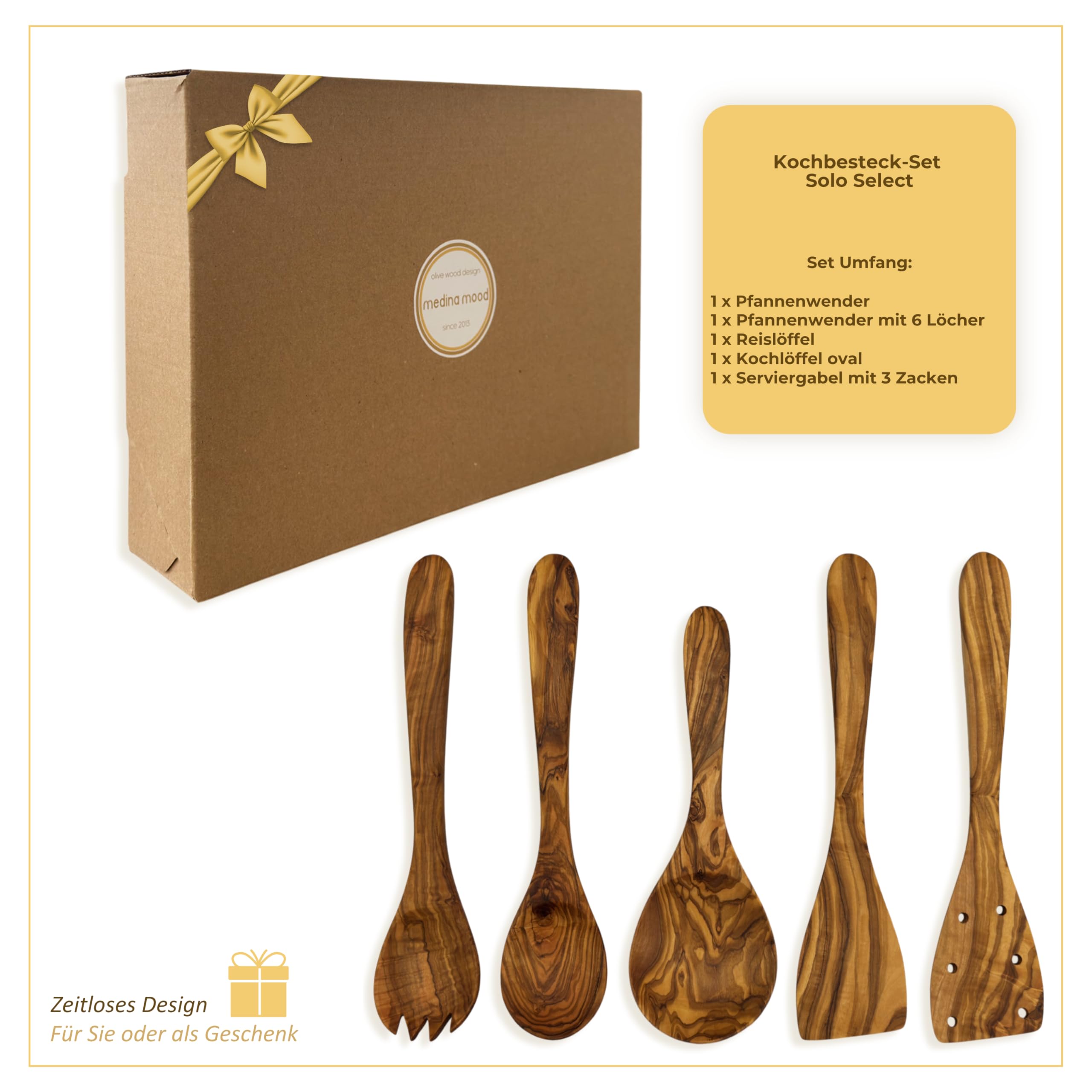 Kochbesteck Set „Solo Select“ Olivenholz 5-teilig – Flexible Küchenhelfer Holz – natürlich, robust, pfannenschonend & langlebig
