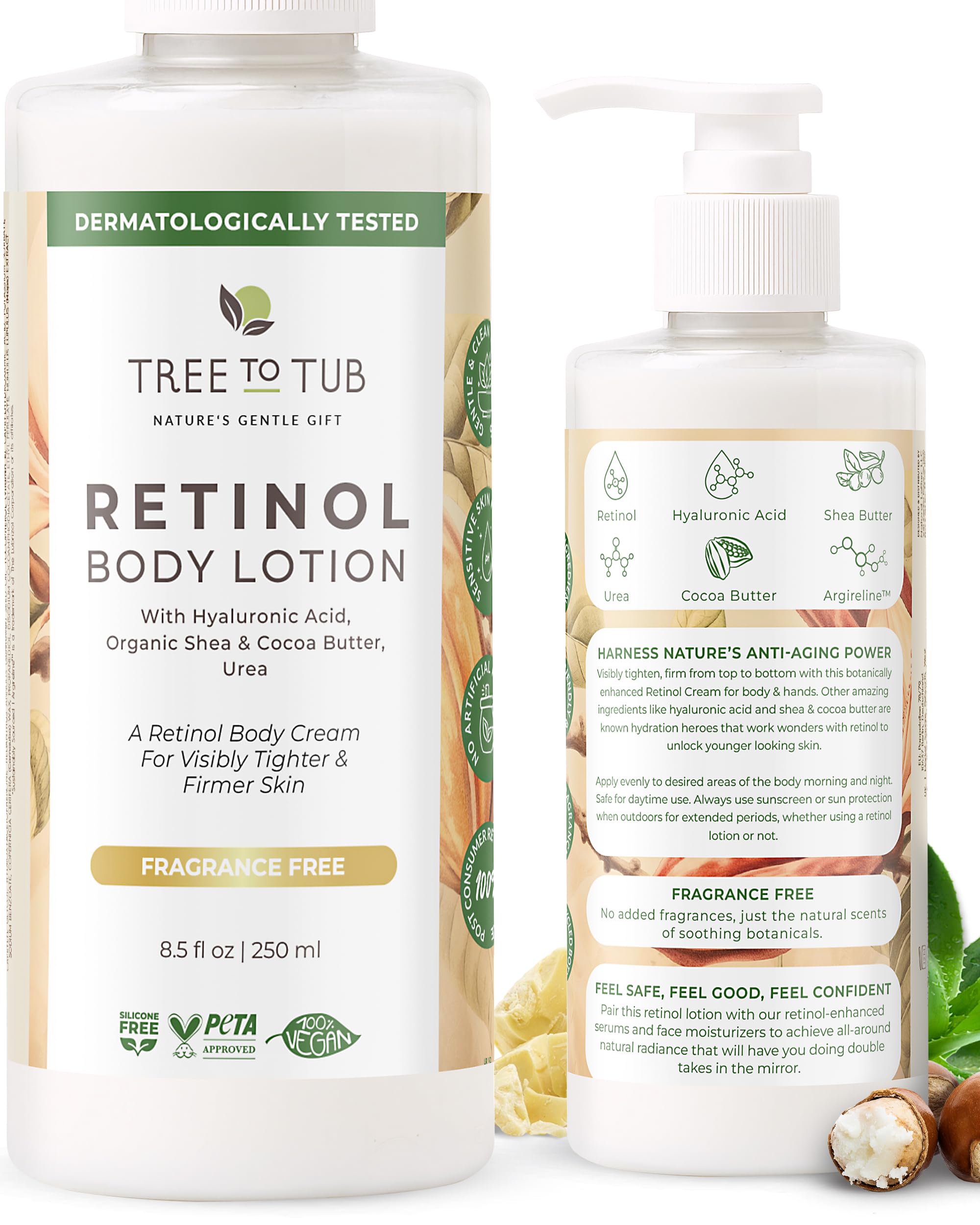 Tree to Tub Retinol Body Lotion - Hydrating Body Cream, Advanced Firming Cream w/Hyaluronic Acid & Shea Butter, Fragrance-Free Body Lotion for Crepey Skin for Older Women & Men