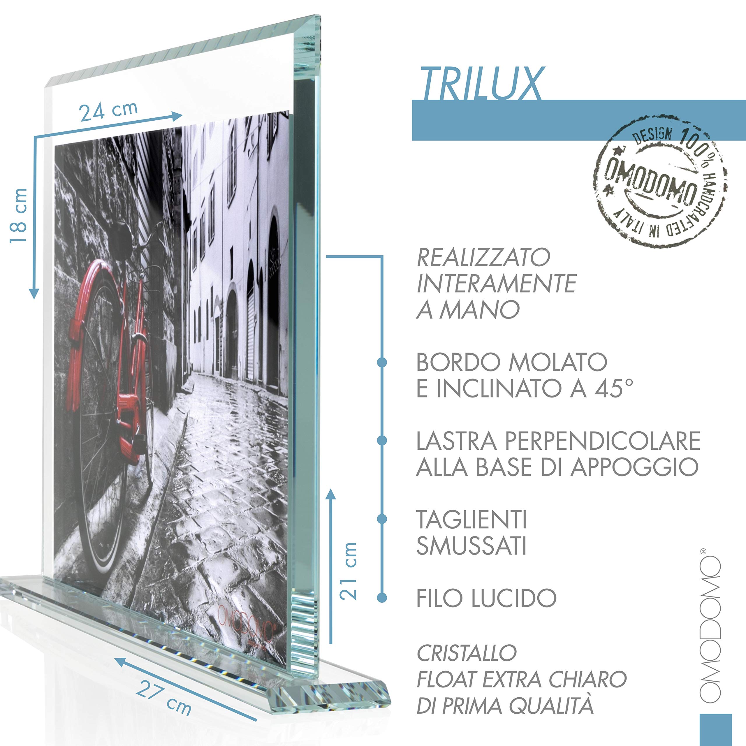 OMODOMO - Cornice di Cristallo per Foto 24x18 cm, Realizzata a Mano in Italia. Portafoto da Tavolo, Idea Regalo per Anniversario Matrimonio, Laurea, Nozze d'Oro, Cresima. Modello Trilux.