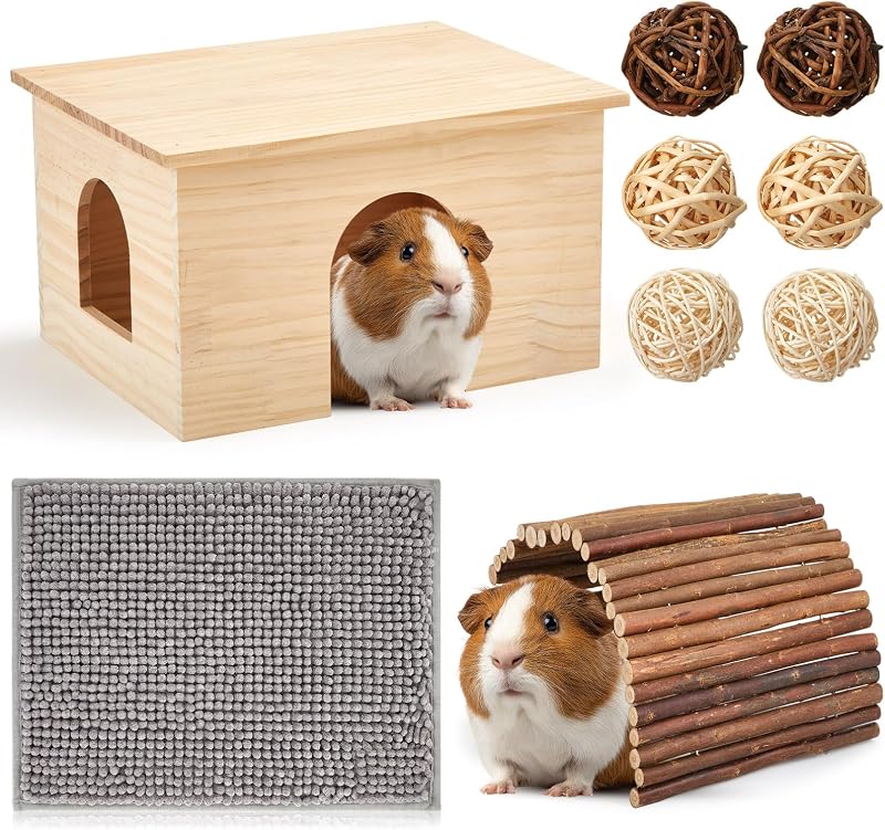 9 Pcs Wood House Guinea Pigs Hut Hideout with Rolling Chew Toys for Small Animals Accessories, Toys, and Supplies Guinea Pig Liner Washable Cage Liner Guineapig Habitat Cage Accessories