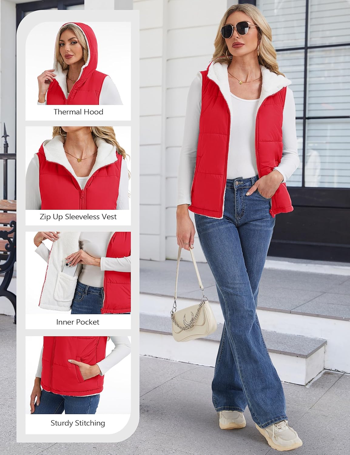 YUCOLEN Womens Puffer Vest Reversible Hooded Fleece Coat Quilted Zip Up Sleeveless Jacket Winter Outerwear with Pockets - Image 5