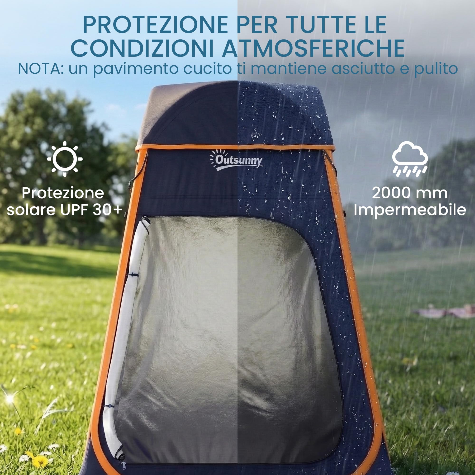 Outsunny Tenda Doccia da Campeggio Pop-Up, Impermeabile 2000mm e UPF30+ con Tetto Rimovibile, Finestre Avvolgibili, Tasche, Borsa da Trasporto, Spogliatoio Portatile per Spiaggia Campeggio, Blu Scuro