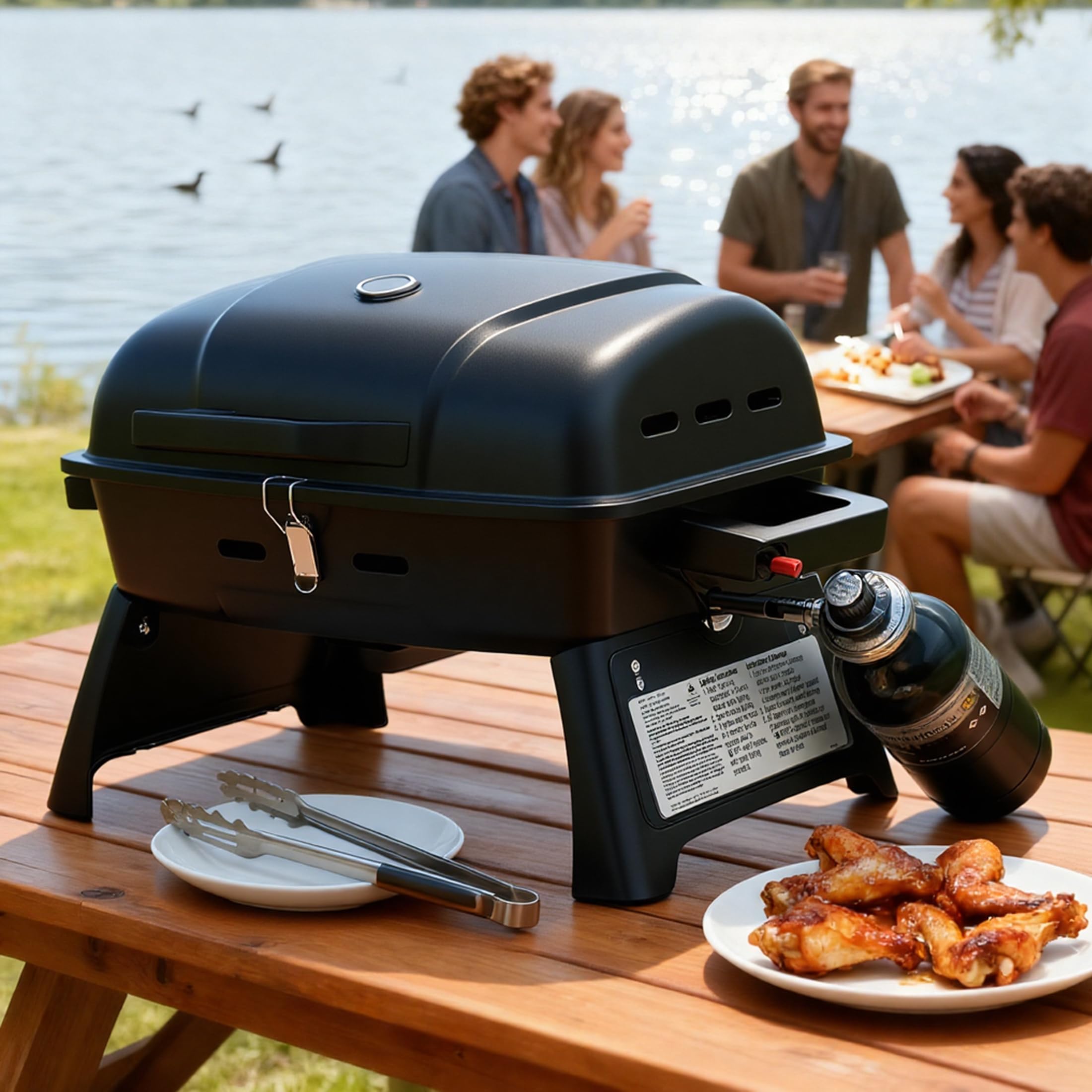 BrandMan - Griglia portatile a gas propano da tavolo a 1 bruciatore, griglia compatta per barbecue con area di cottura di 239,9 mq, blocco coperchio, termometro e gambe pieghevoli per campeggio