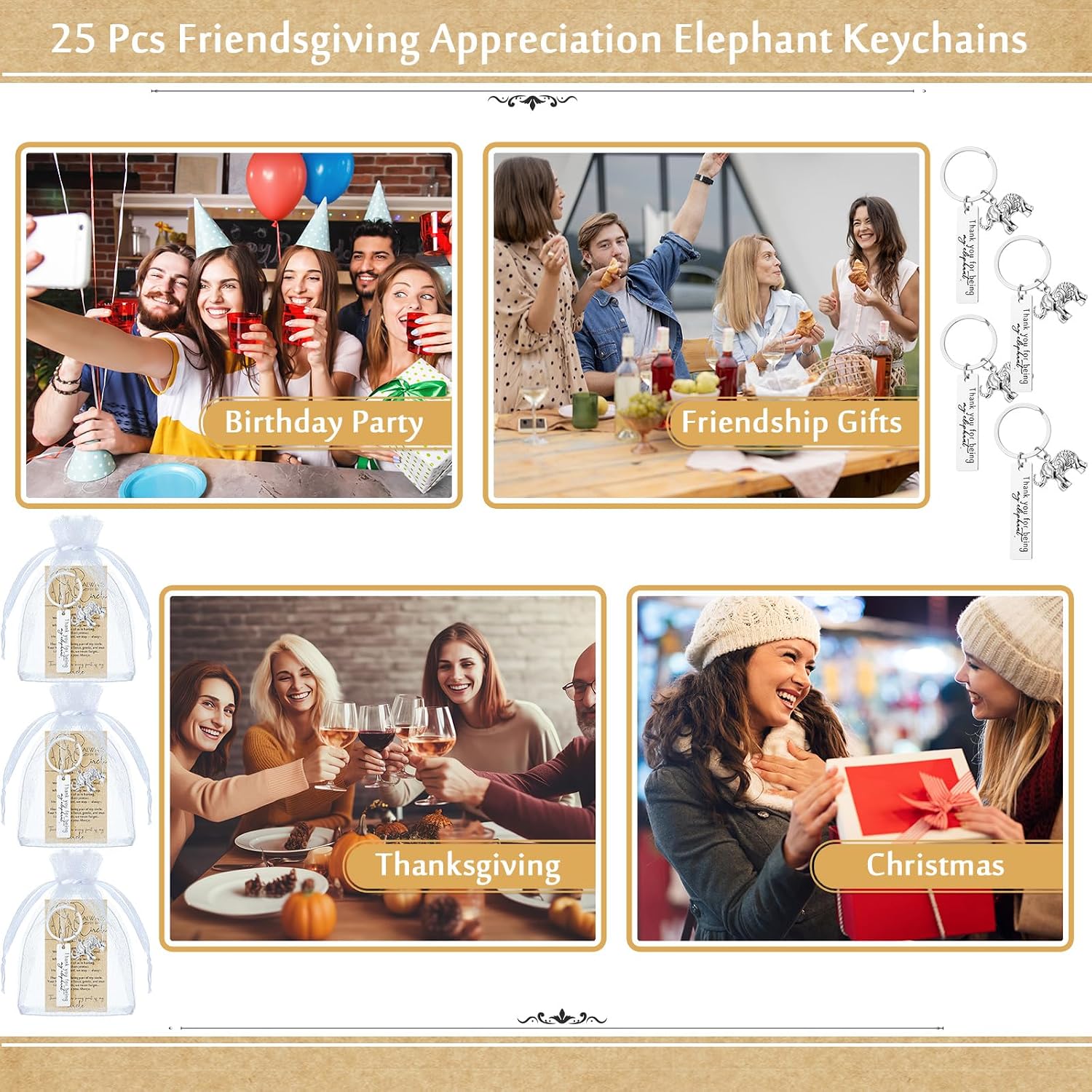 Huquary 25 Sets Elephant Gifts for Women Sisterhood Gifts Elephant Keychain with Cards Bags Friendship Group Best Friend Keychain Appreciation for Valentine Party Favors BFF