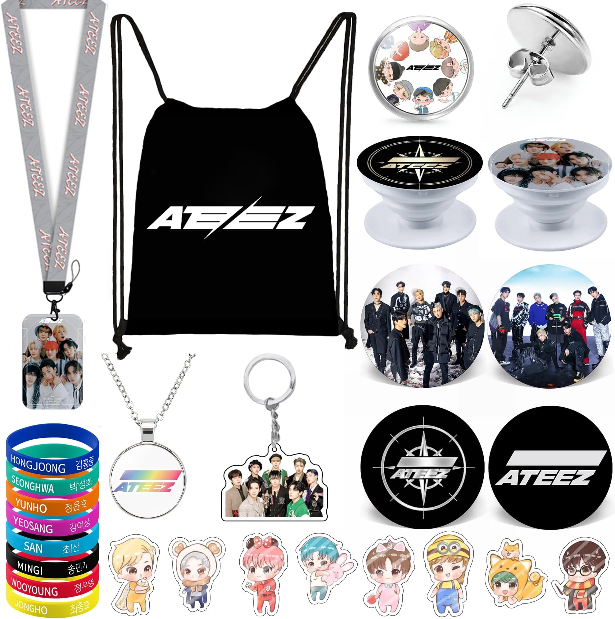 Kpop Gifts Set for Ateez, Including Drawstring Bag Backpack, Necklace, Earrings, Bracelets, Button Pins, Lanyard ID Holder, Keychain, Phone Ring Holder, Cartoon Badge, Large, Stainless Steel, Agate