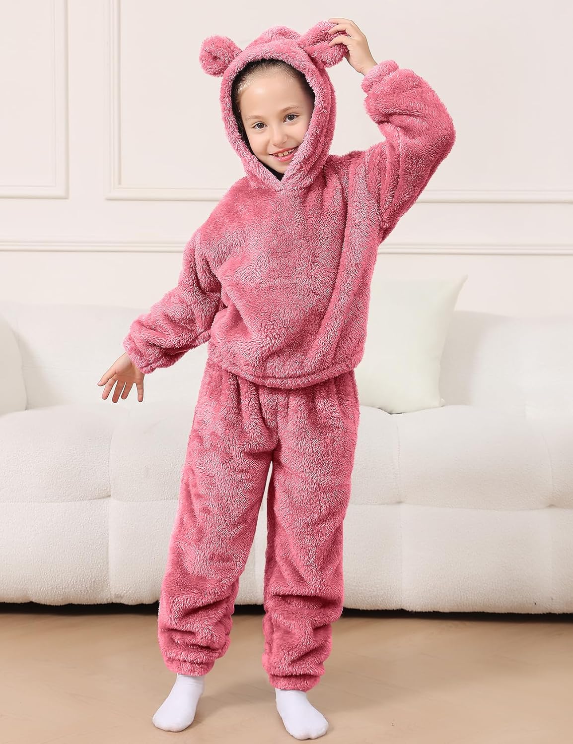 COZYPOIN Girls Fuzzy 2 Piece Outfits Sweatsuit Warm Bear Ear Fleece Hoodie Sweatshirt and Pants Cute Kids Clothing Sets - Image 3