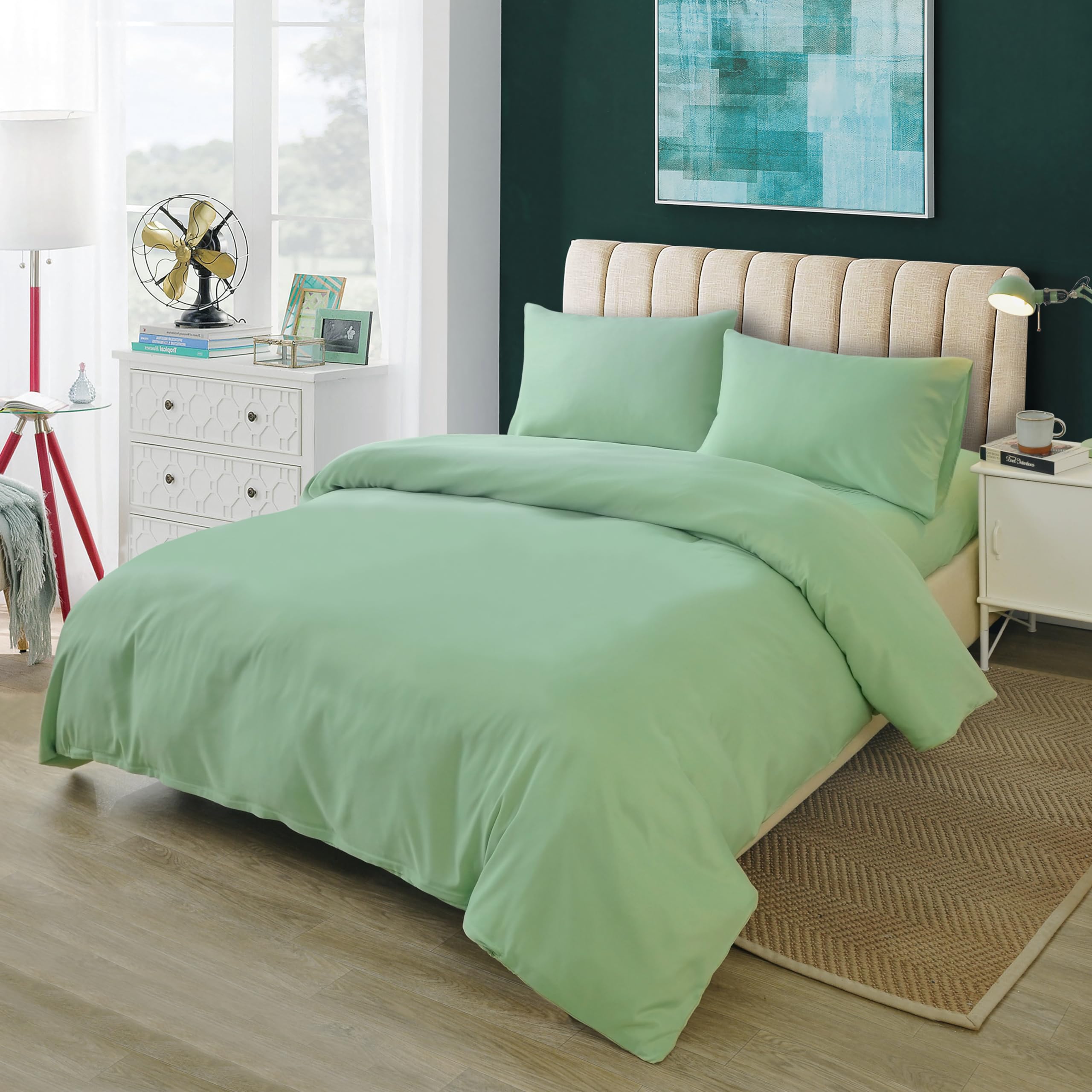 H HANSEL HOME Funda Nordica Cama 180 de 4 Piezas Transpirable Suave al Tacto 100% Microfibra, Funda Edredón 240x260cm, Bajera 180x200cm con 2 Fundas de Almohada 50x100cm - Verde