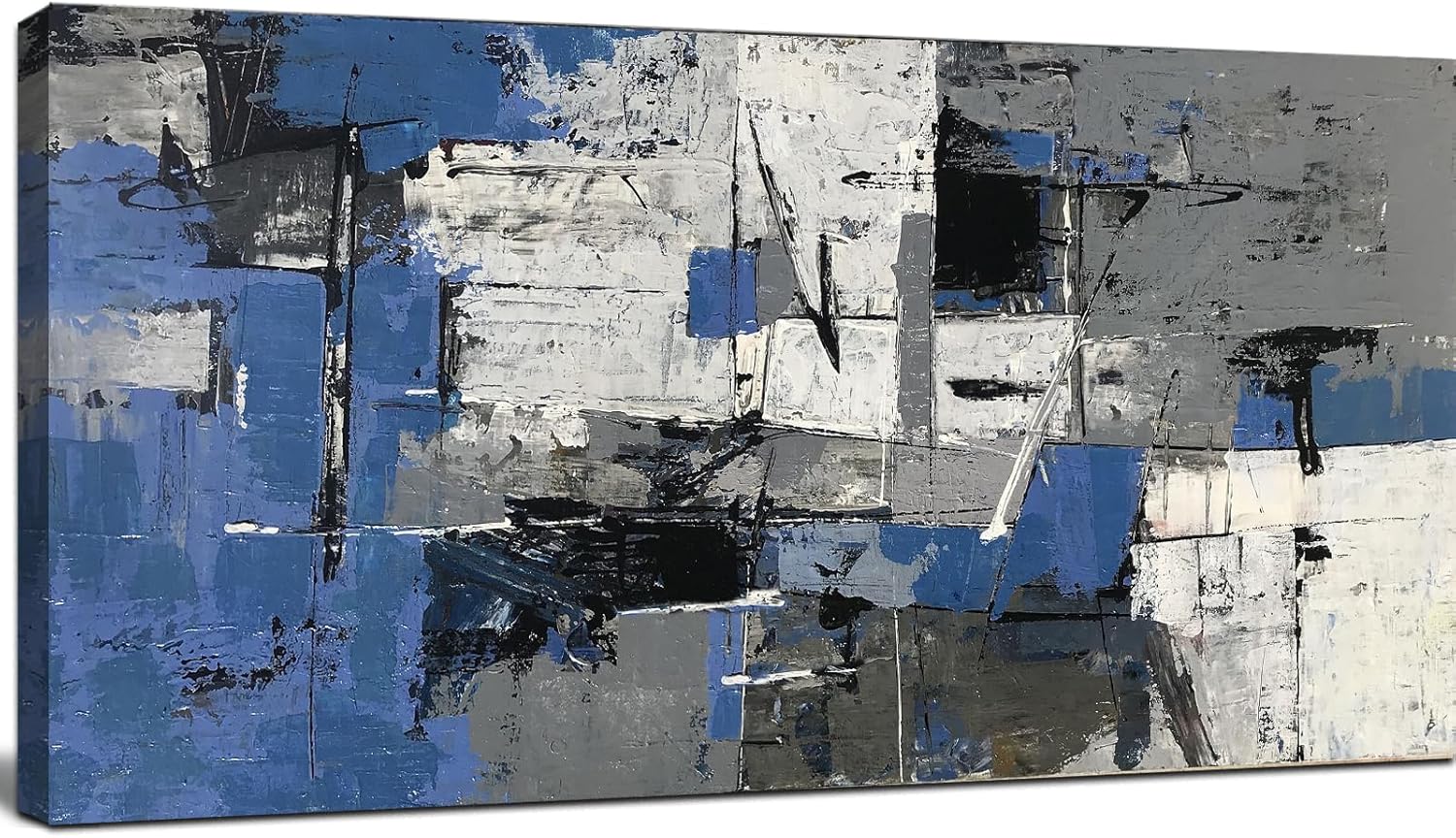Large Abstract Wall Art for Living Room - Blue Grey and White Print Paintings -Framed Modern Canvas Artwork Decor for Bedroom Bathroom Office – Large 20"x40" Textured Artwork, Ready to Hang