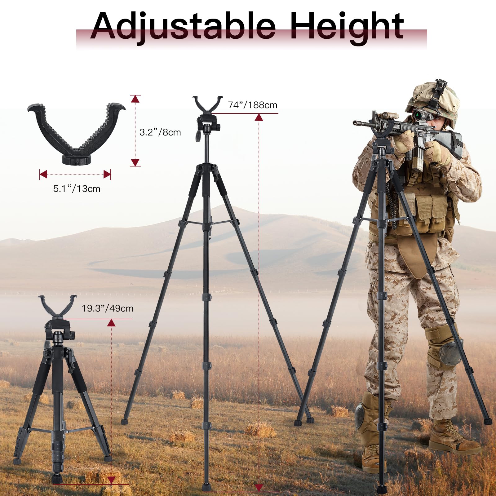 74” Rifle Shooting Tripod, Hunting Rest V Yoke Rifle Rest with 6 Ground Spikes, 2 Camo Strap, Aluminum Crossbow Shooting Stand with Durable Frame for Hunting, Shooting, and Outdoors