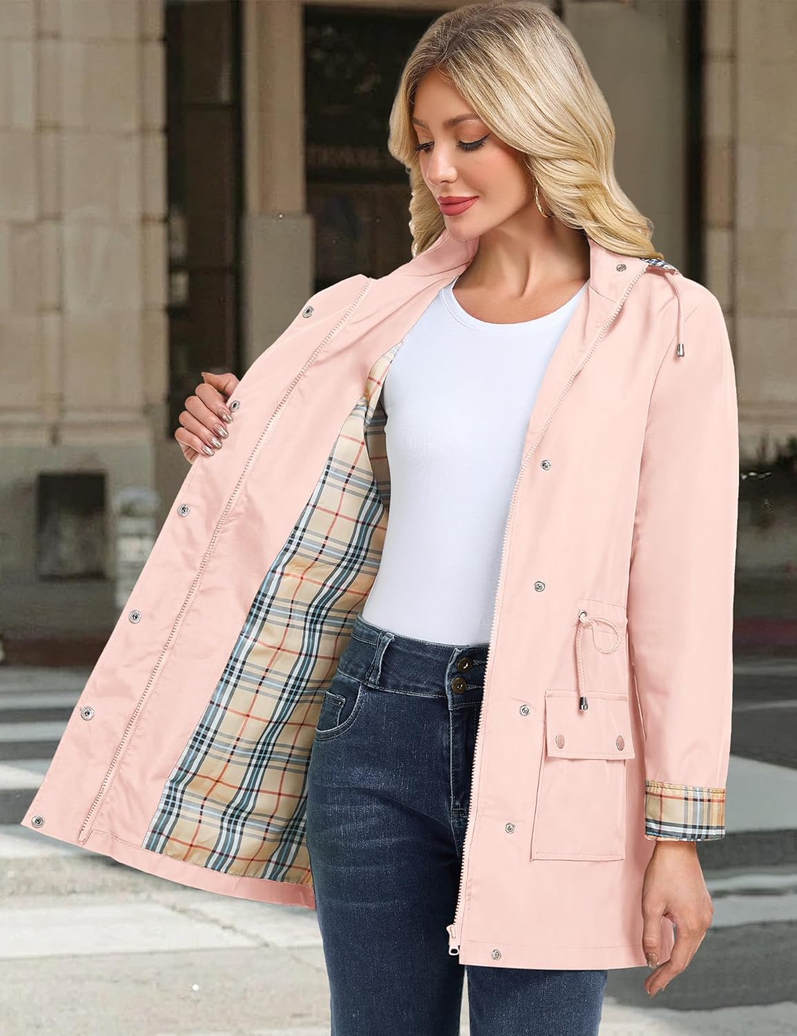 BBX Lephsnt Rain Coats for Women Waterproof Rain Jacket Lightweight Windbreaker Outdoor Hooded Trench Coat
