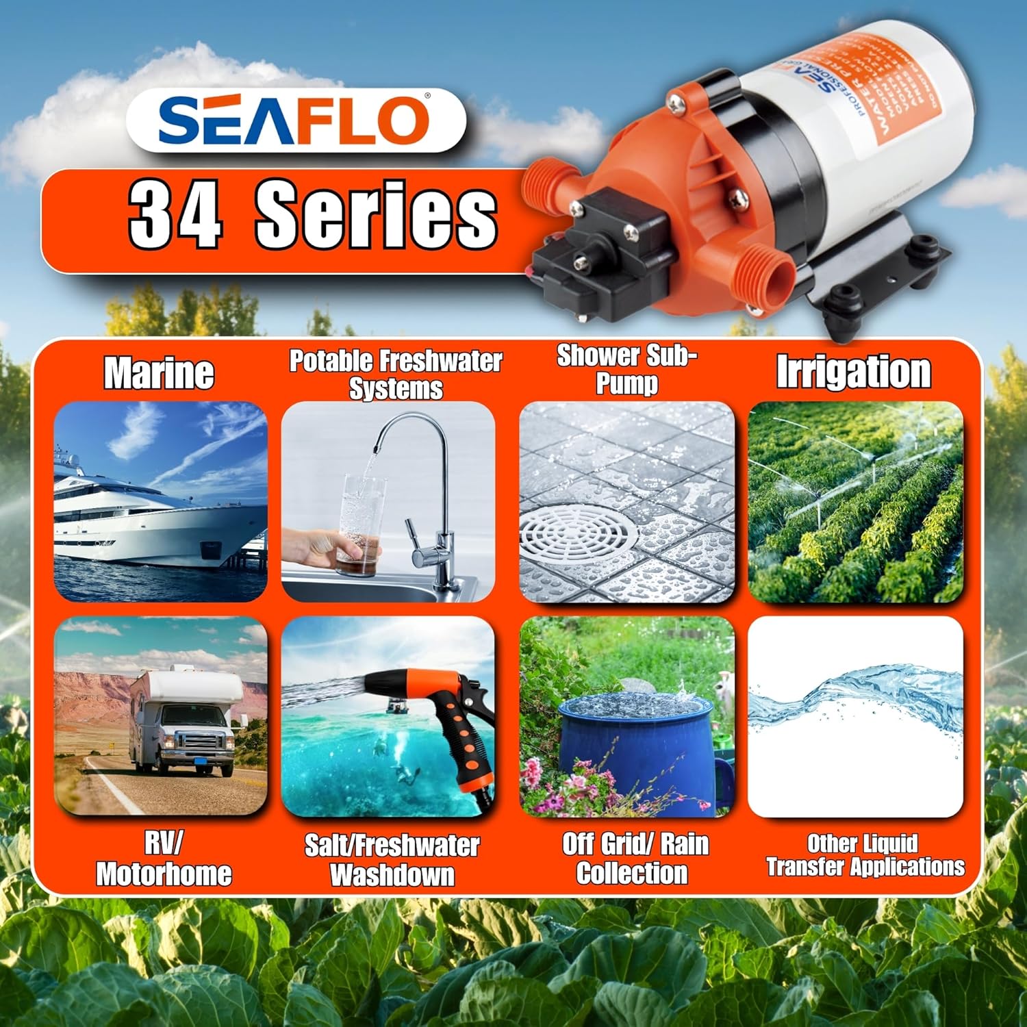 SEAFLO 12V 1.6 GPM 100 PSI 34 Series Water Pressure Diaphragm Pump | Continuous Duty, Built-In Pressure Switch, Self-Priming, and 4-Year Warranty