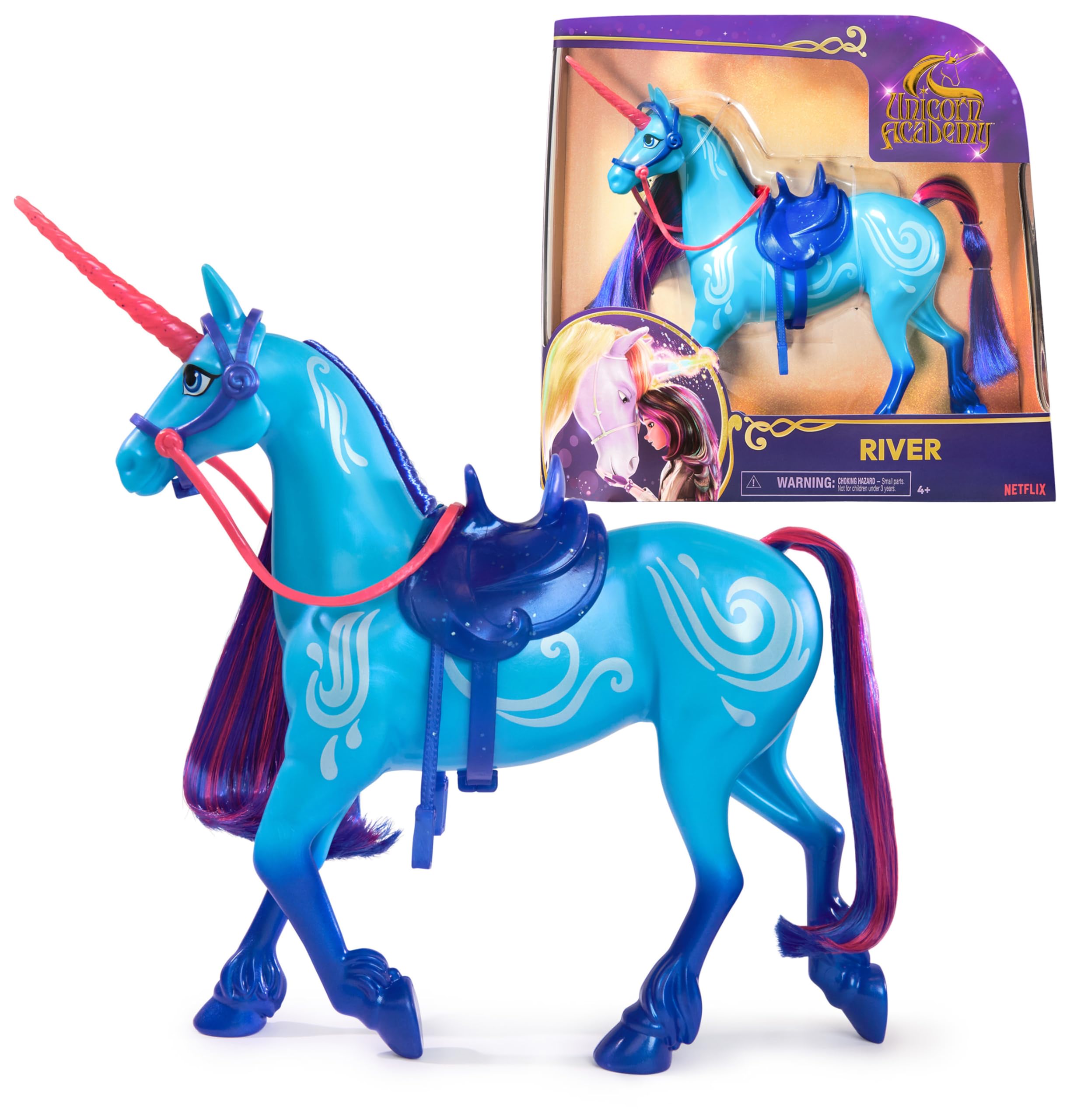 Unicorn Academy Einhorn River - ca. 28 cm großes Einhorn von Isabel zur beliebten Netflix-Serie, mit beweglichem Kopf, abnehmbarem Zaumzeug und Sattel für realistisches Rollenspiel, ab 4 Jahren