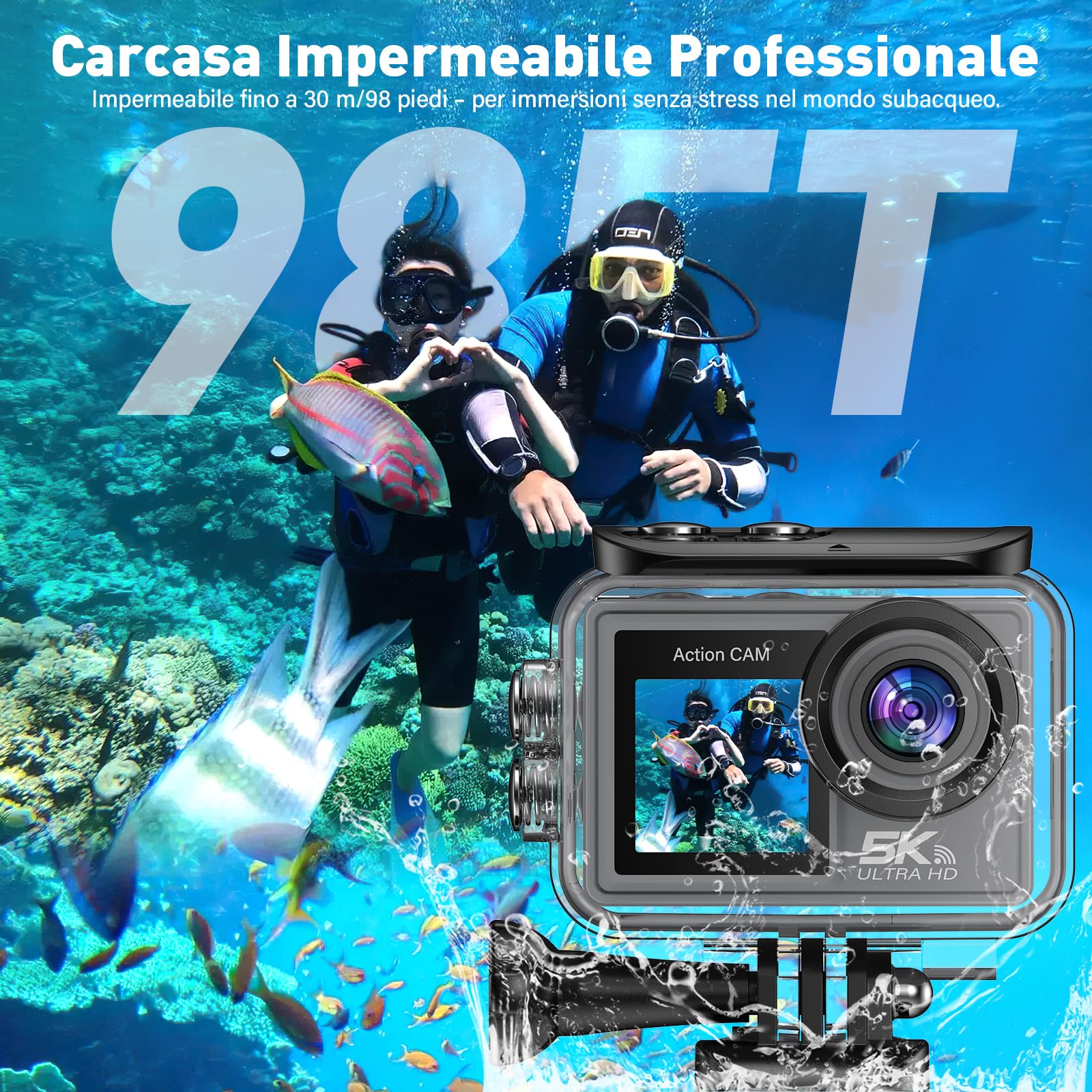 Action Cam 5K/4K 50MP Fotocamera Subacquea con scheda SD da 64 GB, Dual Screen Videocamera con Stabilizzatore EIS, WiFi, 2 Batterie, Grandangolo 170° per Immersioni, Vlog, telecamera moto