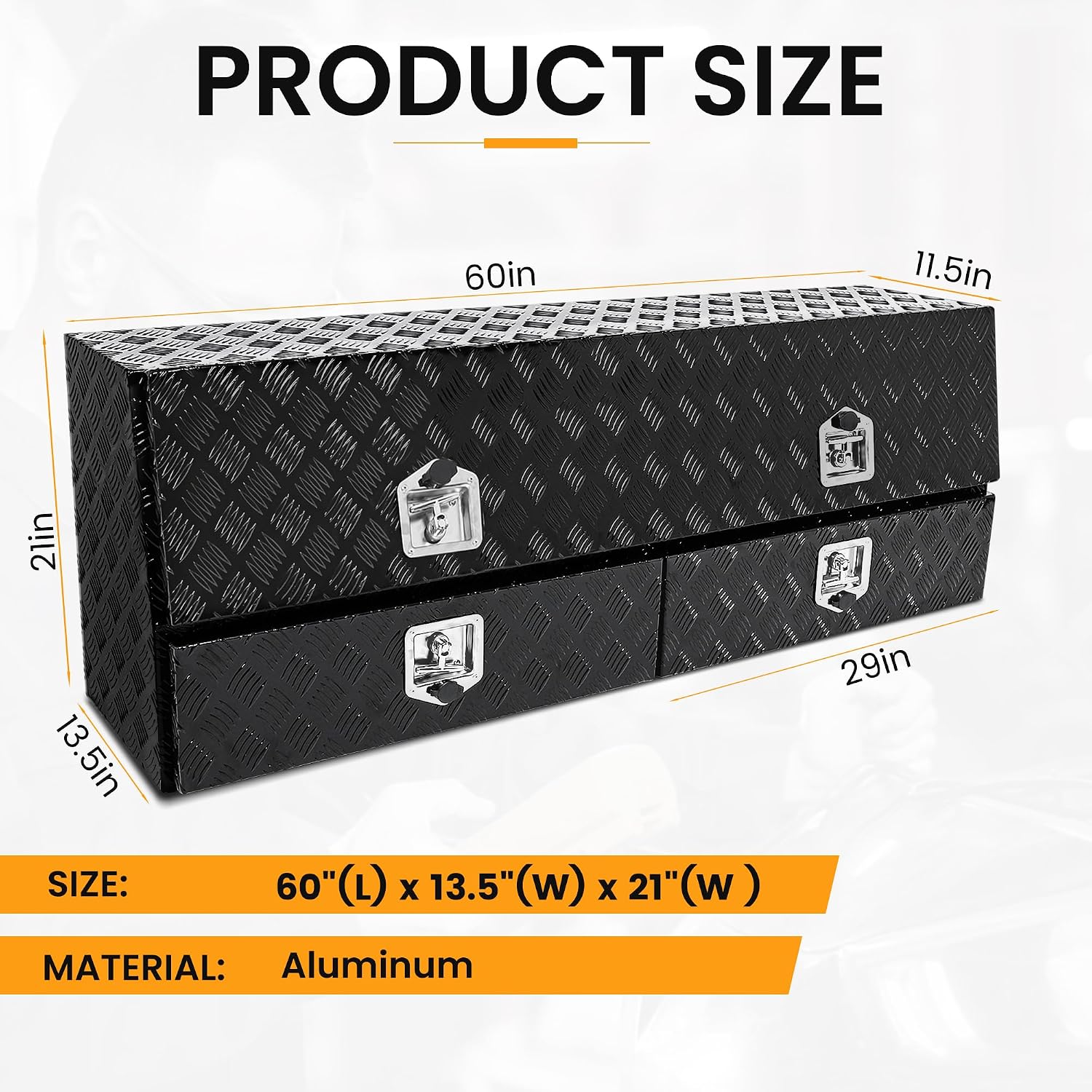 60" Aluminum Contractor Top Side Mount Tool Box with Two Lower Drawers and Locking Door, 60 x 13.5 x 21 Inch Heavy-Duty Truck Side Mount Tool Box, Weather-Resistant Design – Black