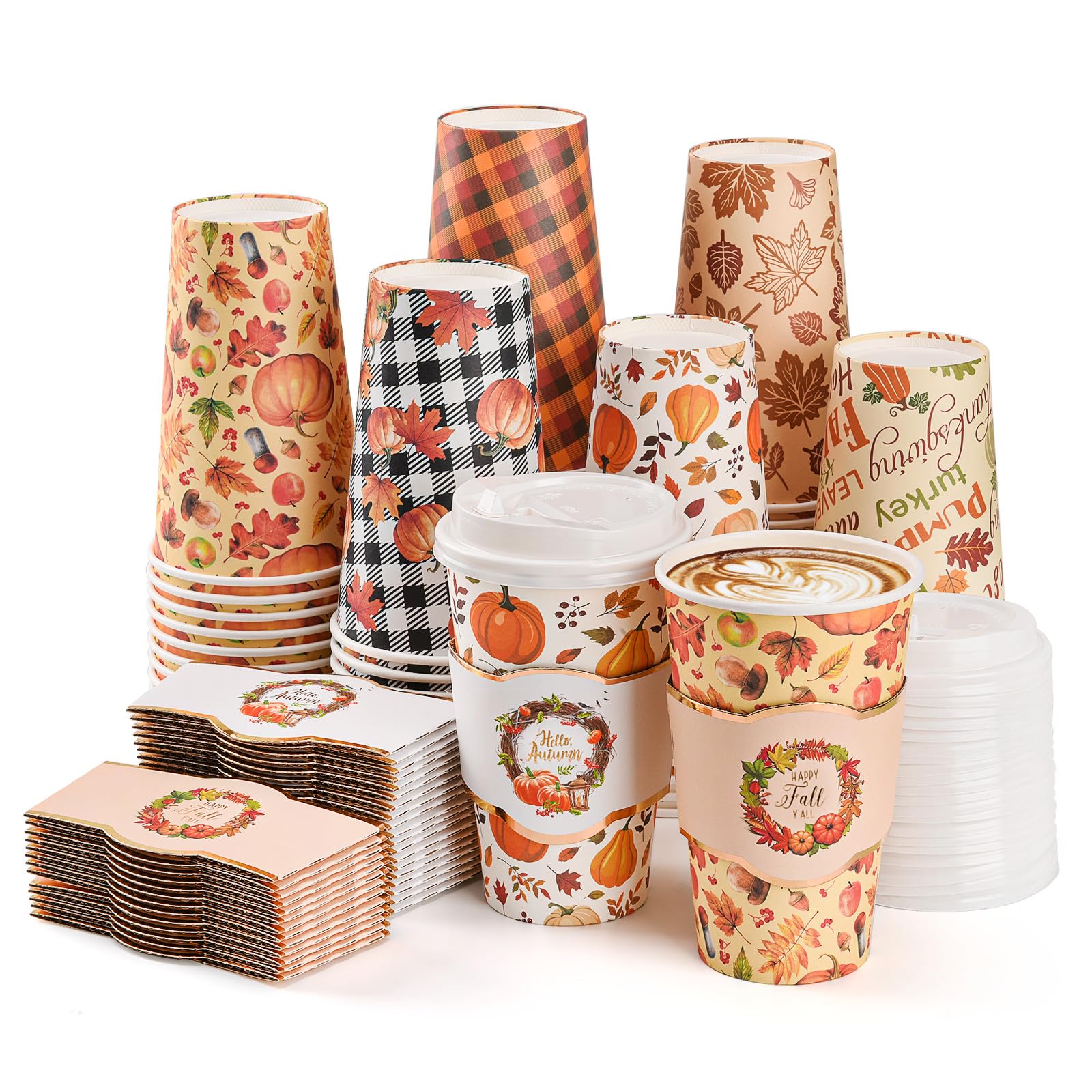 Juego de 72 tazas de café desechables de otoño con tapas y mangas, calabaza, hoja de arce, tazas de papel para beber para llevar, para cosecha de otoño, fiesta de Acción de Gracias, cafetería, bar,