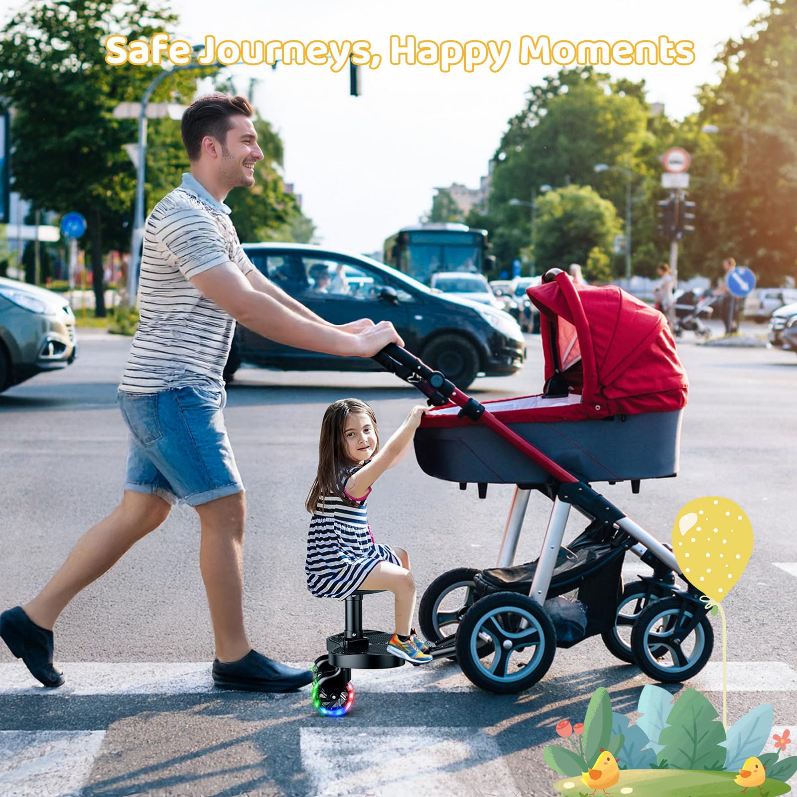 Deska spacerowa z siedziskiem, podnóżek do wózka dziecięcego, uniwersalna z kółkami LED, akcesoria dla dzieci od 2-6 lat (25 kg), akcesoria do wózków dziecięcych, podnóżek dla ponad 99%