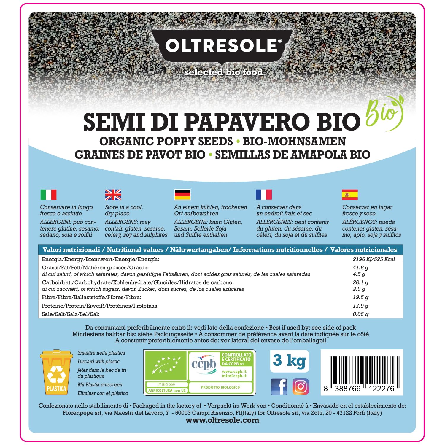 Oltresole, Organic Poppy Seeds 3 kg, Graines de pavot biologiques, riches en nutriments, idéales pour la cuisine et la consommation, format pratique