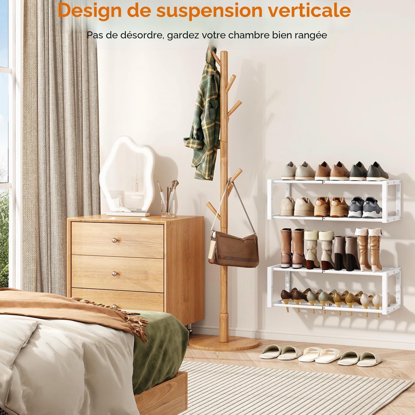 IBUYKE Lot de 2 Étagère à Chaussures Murales, Petit Organiseur à Chaussures Suspendu Extensible de 41-73 cm, Gain de Place Porte Chaussures Mural en Métal pour Entrée Salon, Blanc TXJ001W-2