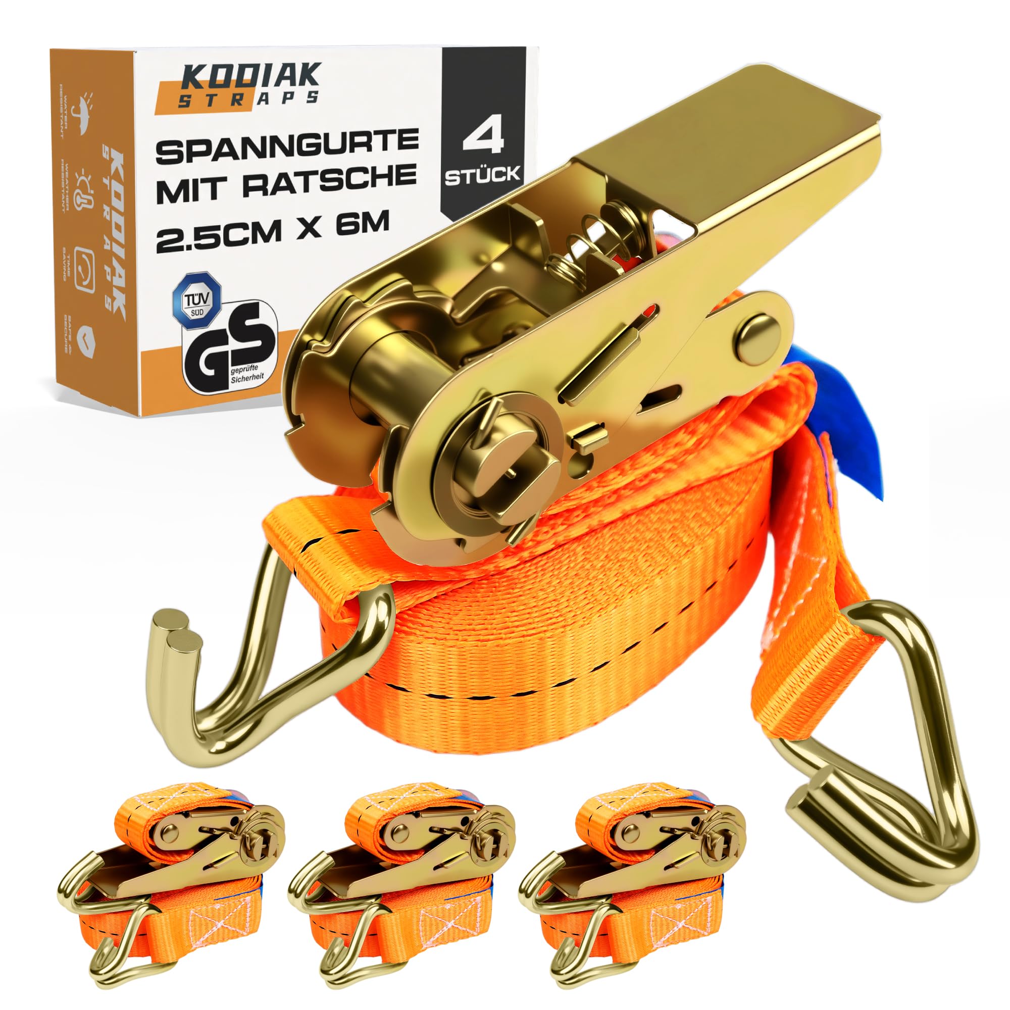 10 Cinghie di Tensione 6m x 1000kg con Cricchetto e Gancio - Cinghie a Cricchetto da 25mm - Cinghia Arancione per la Sicurezza del Carico - Certificato TÜV/GS e secondo DIN EN 12195-2 - KODIAK STRAPS