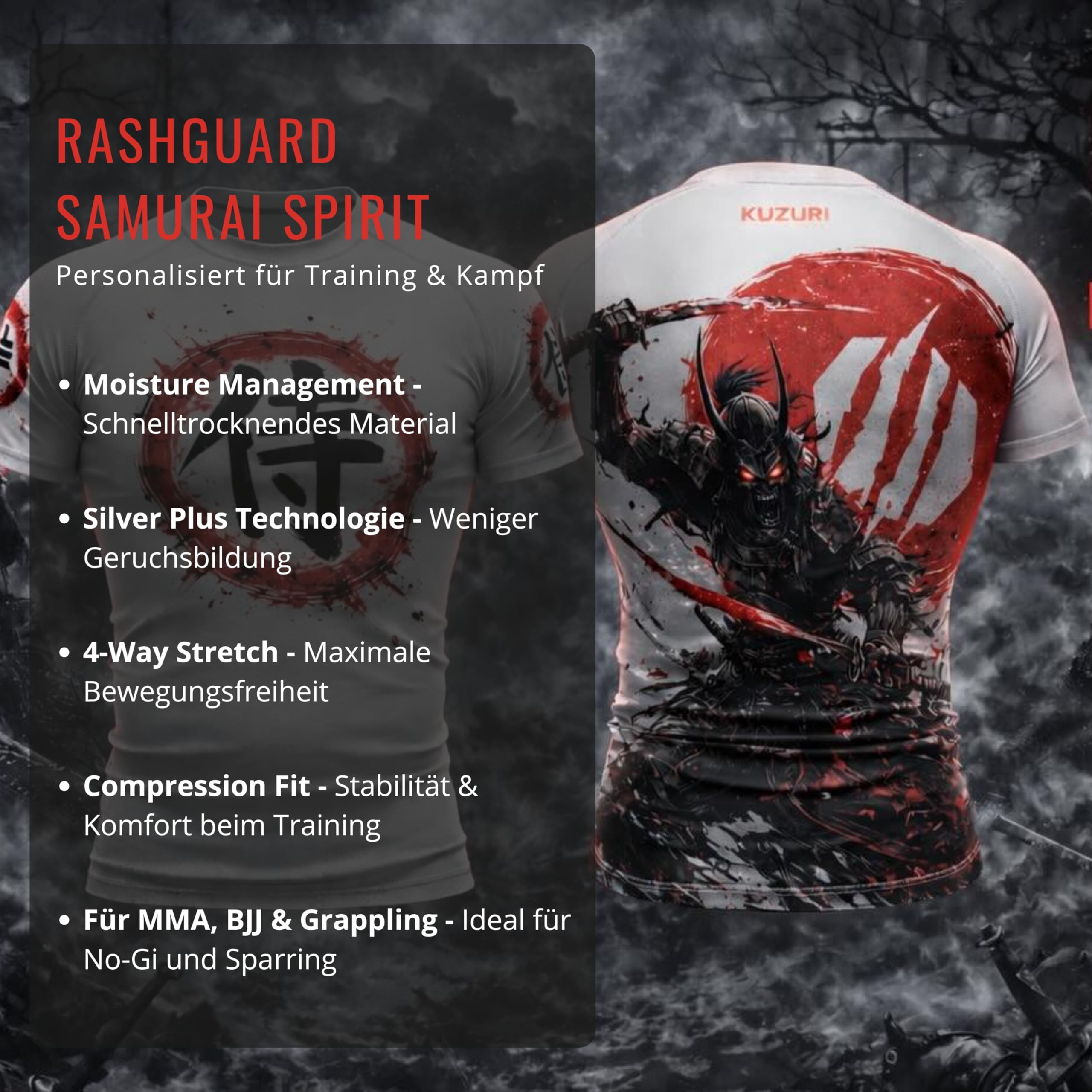 KUZURI Kampfsport Tshirt Herren – Personalisiertes Rashguard BJJ, MMA Samurai – Atmungsaktives Funktionsshirt für No-Gi, Grappling & Kickboxen