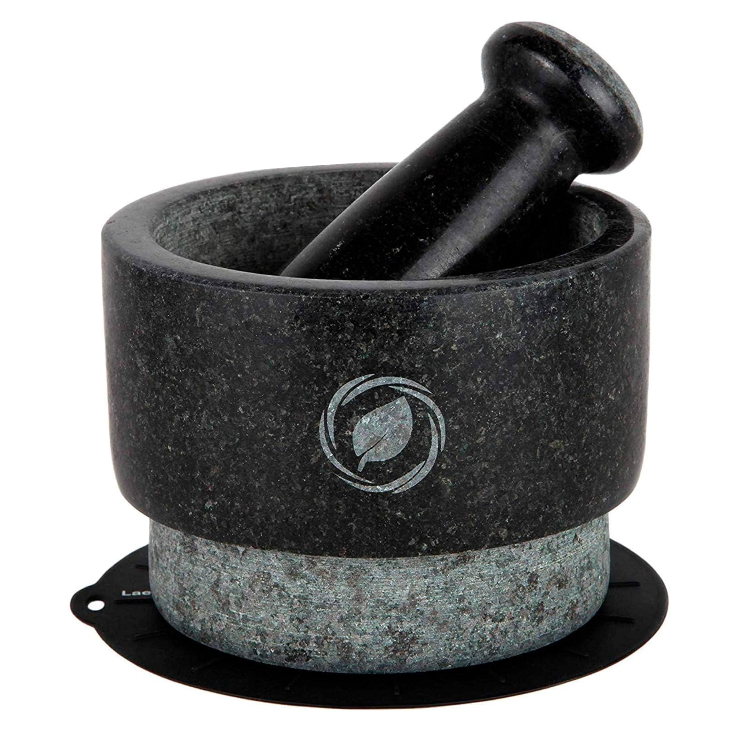 Laevo Mortar and Pestle Large Set - Black Granite Stone Spice Grinder, 2.1 Cup Capacity, 5.5 Inches - Reversible Molcajete Mexicano - Guacamole, Spices - Large Mortar and Pestles Set