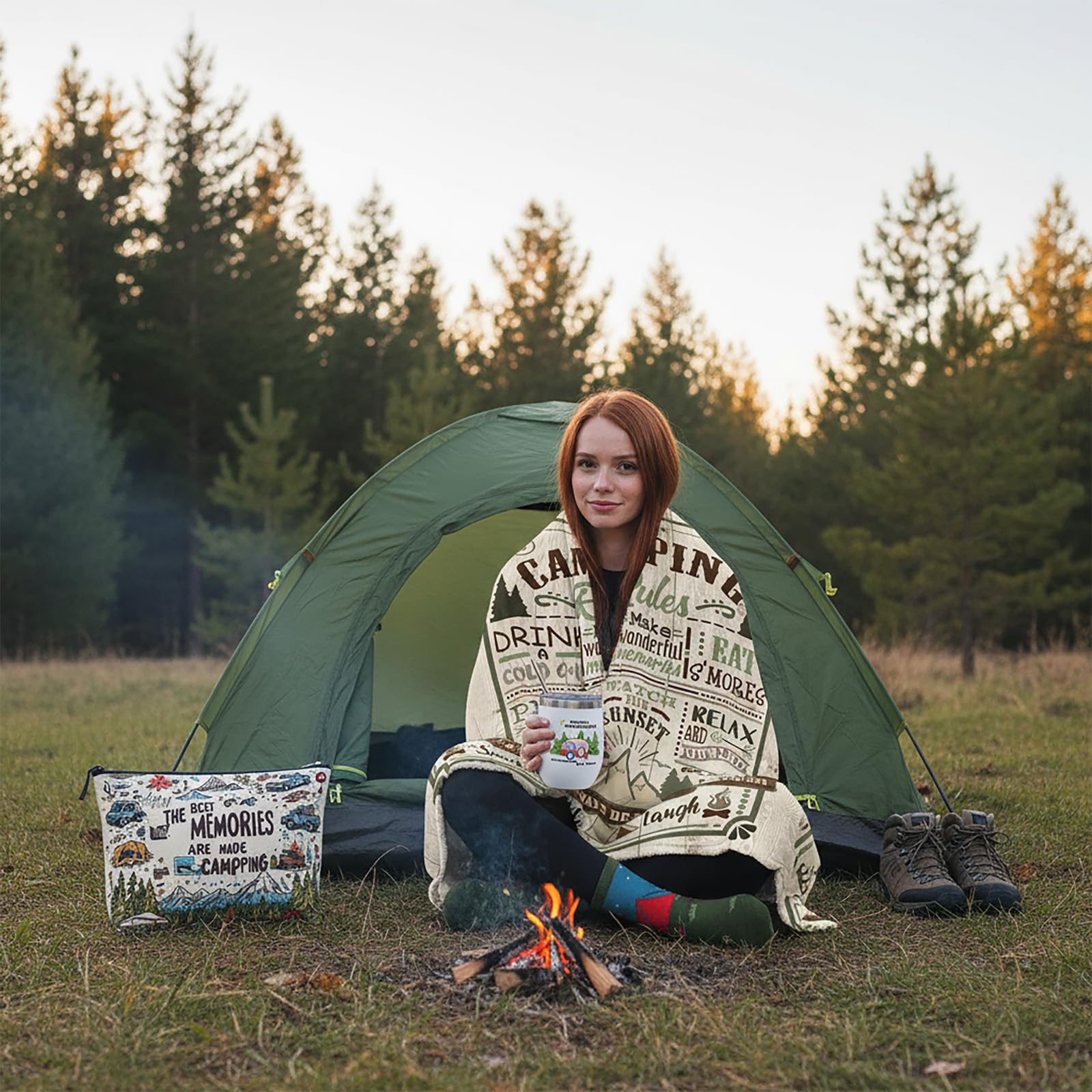 Patelai 4 Stück Camping-Geschenke für Damen und Herren – inklusive Trinkgläser, Überwurfdecke, Socken, Kulturbeutel für fröhliche Camper-Dekoration, Outdoor, Picknicks, Wandern, Wohnmobil-Ausflüge