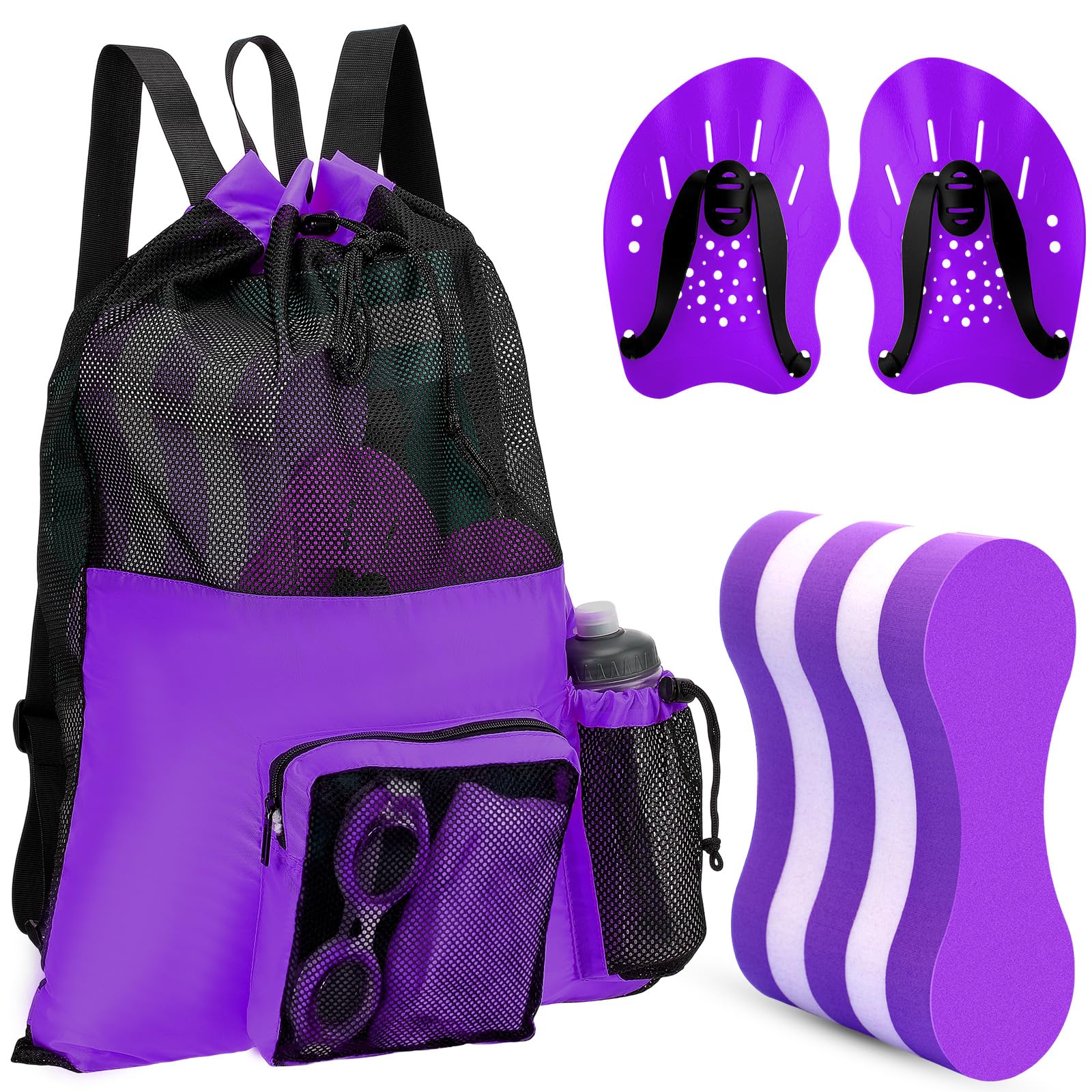 Motionchic 4 Pcs Swim Training Pull Buoy Hand Paddles Set Include 1 Big Mesh Backpack 1 Buoy 2 Hand Paddles with Adjustable Straps Swim Training Equipment Kit for Adults (Purple)