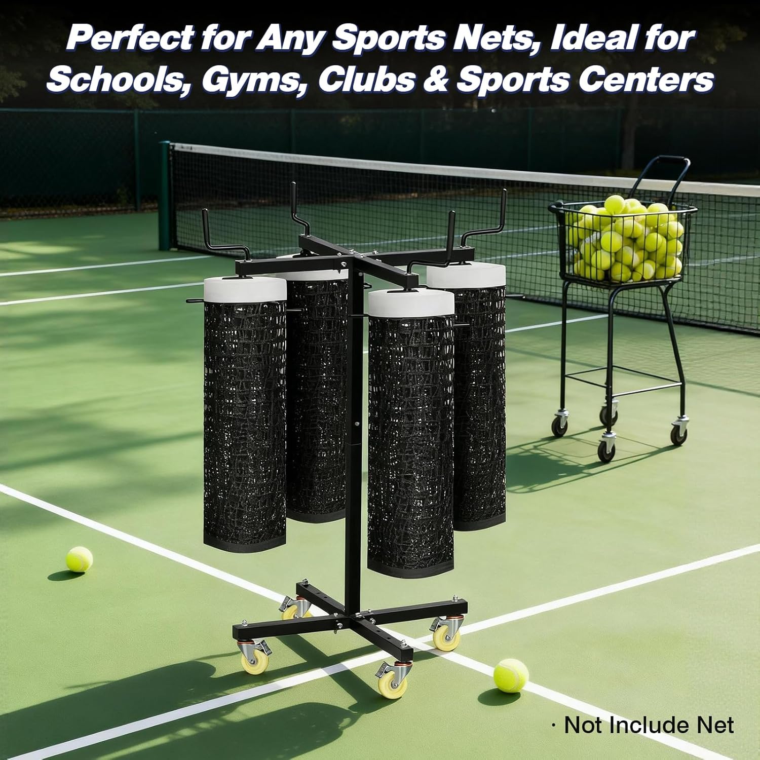 Movable Sports Net Storage Rack with Lockable Wheels, Heavy-Duty Holder for Volleyball, Tennis, Pickleball, Badminton Nets, Space-Saving Support Rack with Swivel Handle & Dust Covers