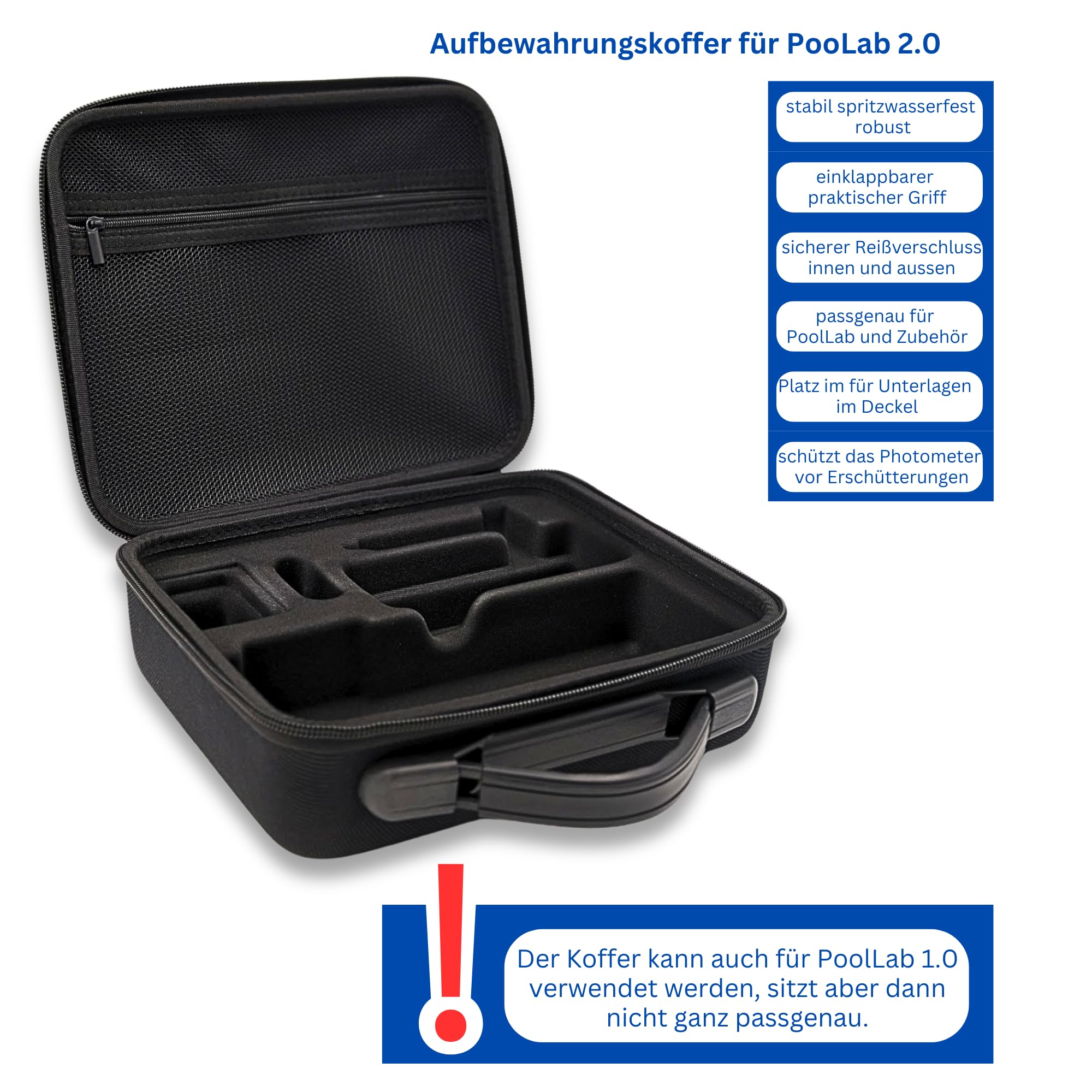 PoolLab 2.0 con 70 pastillas de prueba y funda – Edición especial para MediMuc – 24 parámetros – App – Software – Medición hasta 3 parámetros en una prueba + maletín de almacenamiento vacío