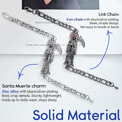 Santa Muerte Protection Bracelet - Mexican Spiritual Charm | Black/Silver | Dia de los Muertos Gift for Men Boyfriend Husband Son