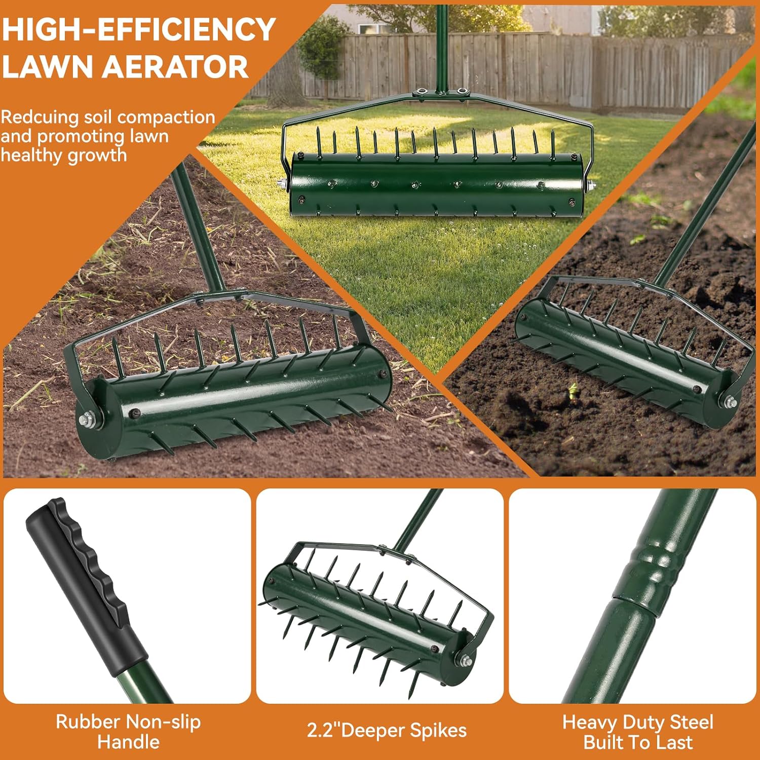 21" Rolling Lawn Aerator, Heavy-Duty Manual Aerator Tool with 2.2" Pre-Welded Penetrator Spikes and 50" Handle for Lawn Care, Grass Aeration for Patio, Garden, Yard, Cropland to Loose Soil