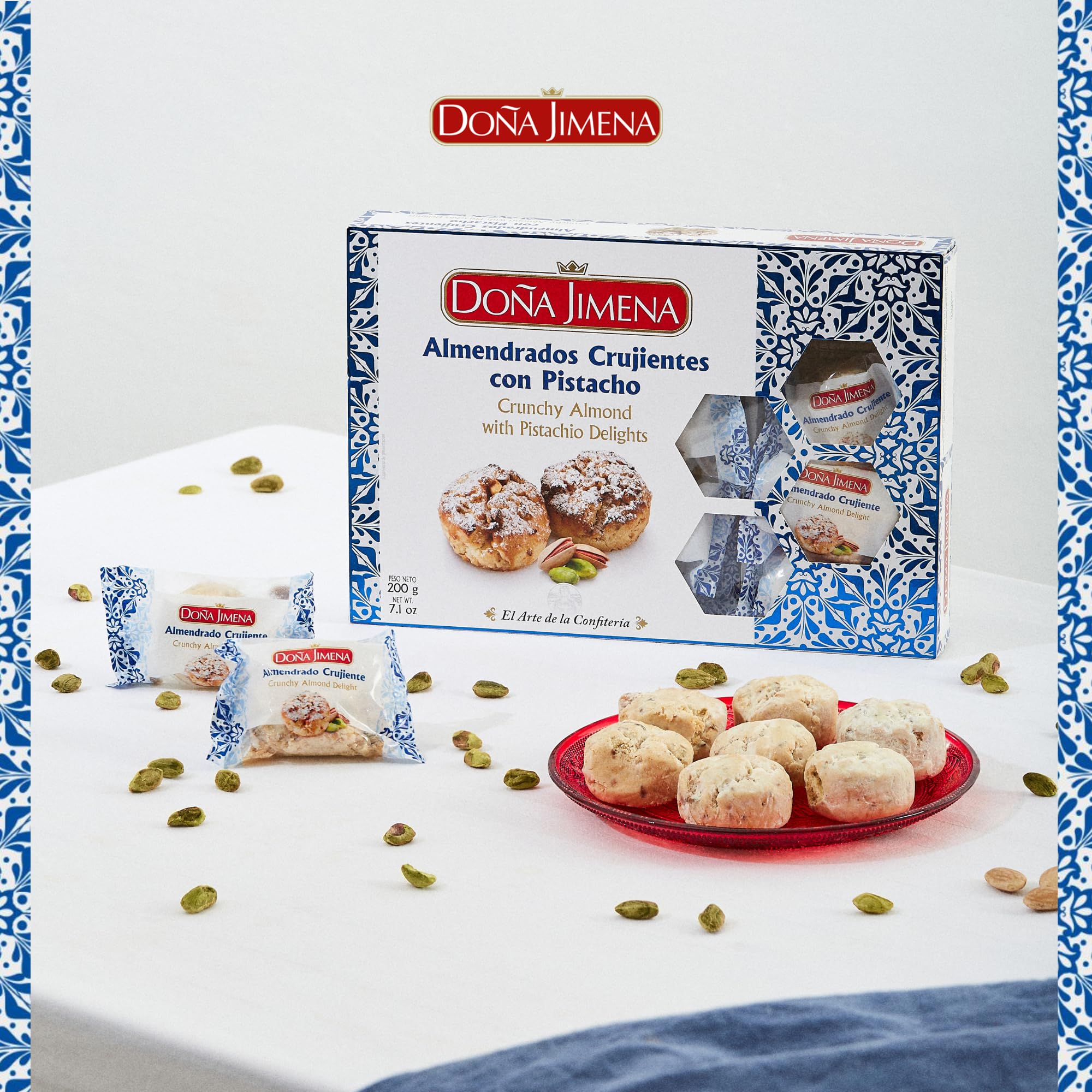DOÑA JIMENA - Almendrados Crujientes con Pistacho, 200 g, Textura Crujiente con Pistacho y Almendra Tostada, Envasados Individualmente, Dulce Tradicional Español, Calidad Suprema