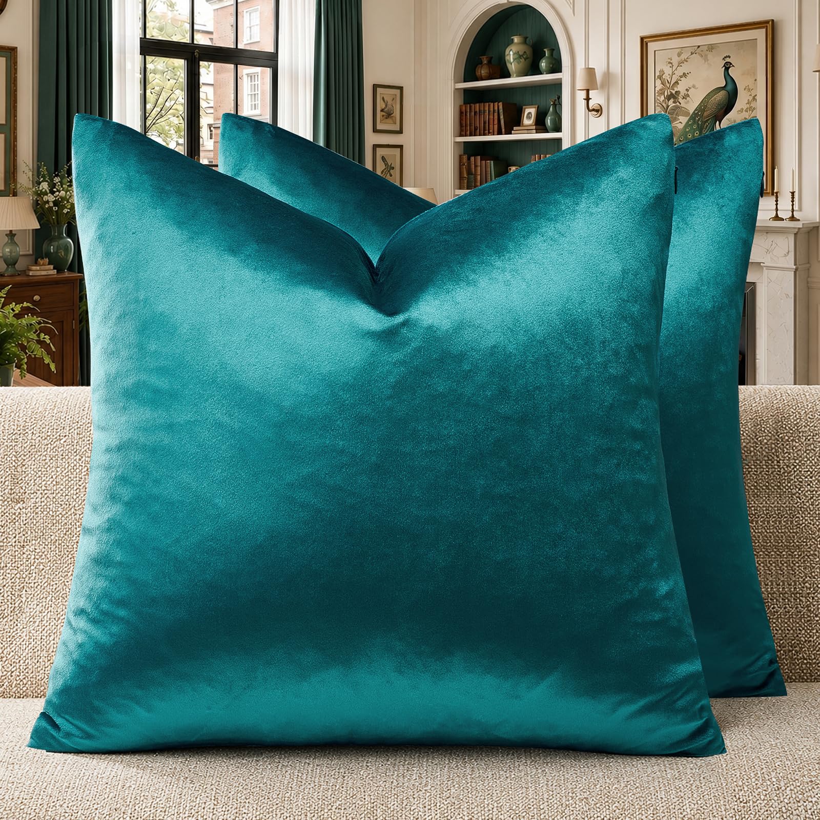 GIGIZAZA Décor Throw Pillow Covers, Set of 2, Sofa Pillows, Teal Peacock Green Cushion Covers, Velvet Cushion Covers, 24 x 24 Inch — image 1