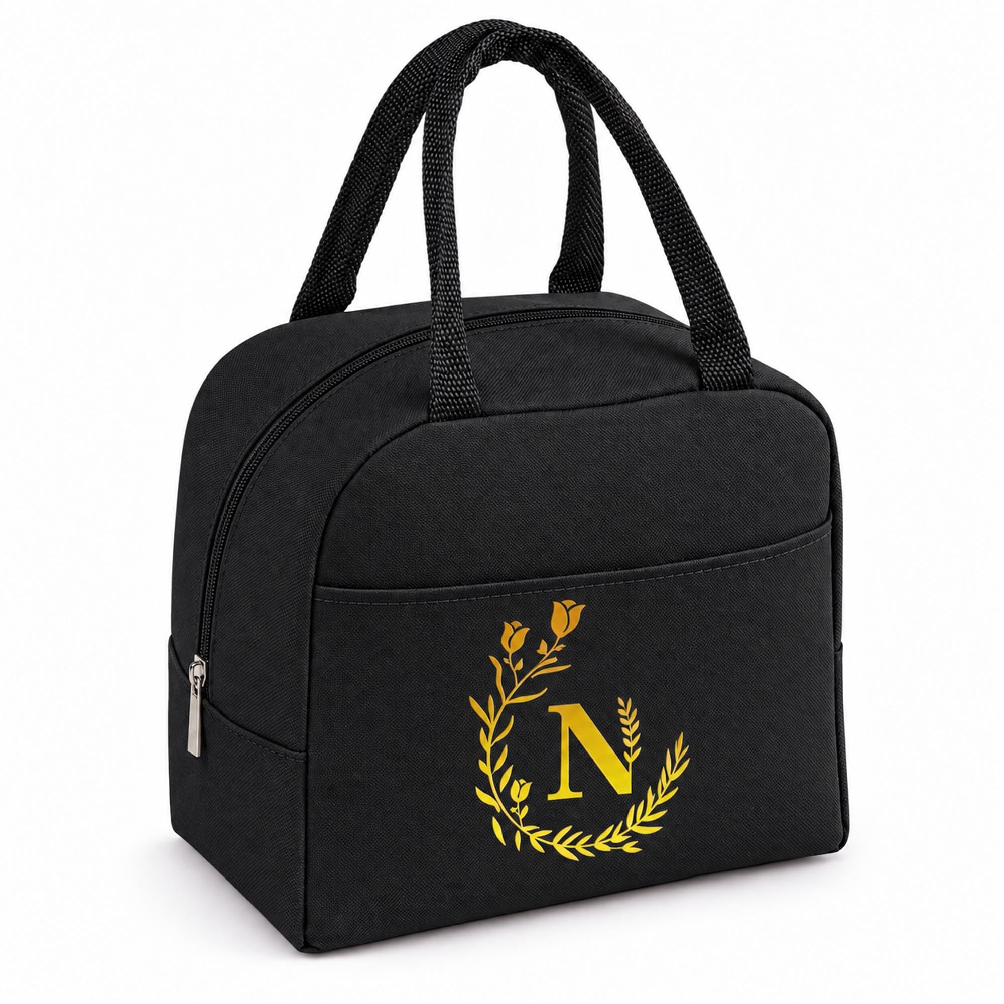 Personalized Black Initial Letters Insulated Lunch Bag for Women Men Kid-N
