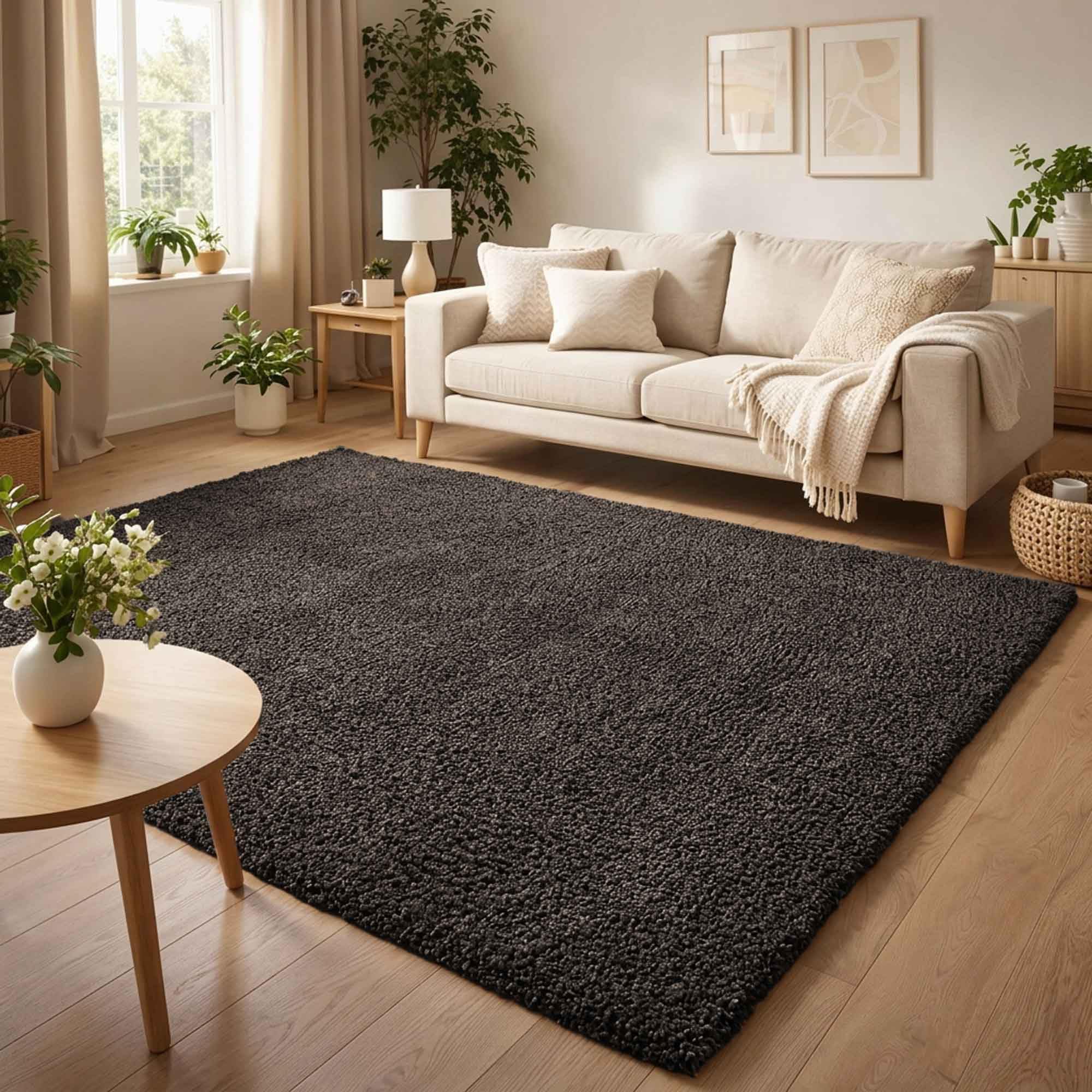 Ainsley Plain Soft Shaggy Modern Living Room Area Rug, Black, 160x230cm
