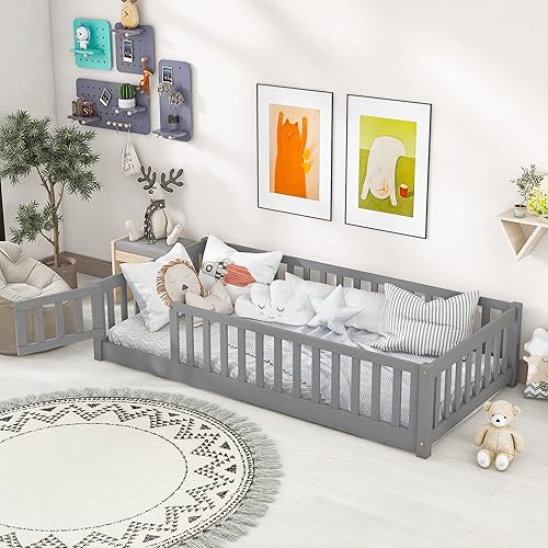 Miniatura 3 de Cama de plataforma de suelo de tamaño individual con valla, cama de madera para niños, cama de cerca para niños con puerta, no necesita somier (gris)
