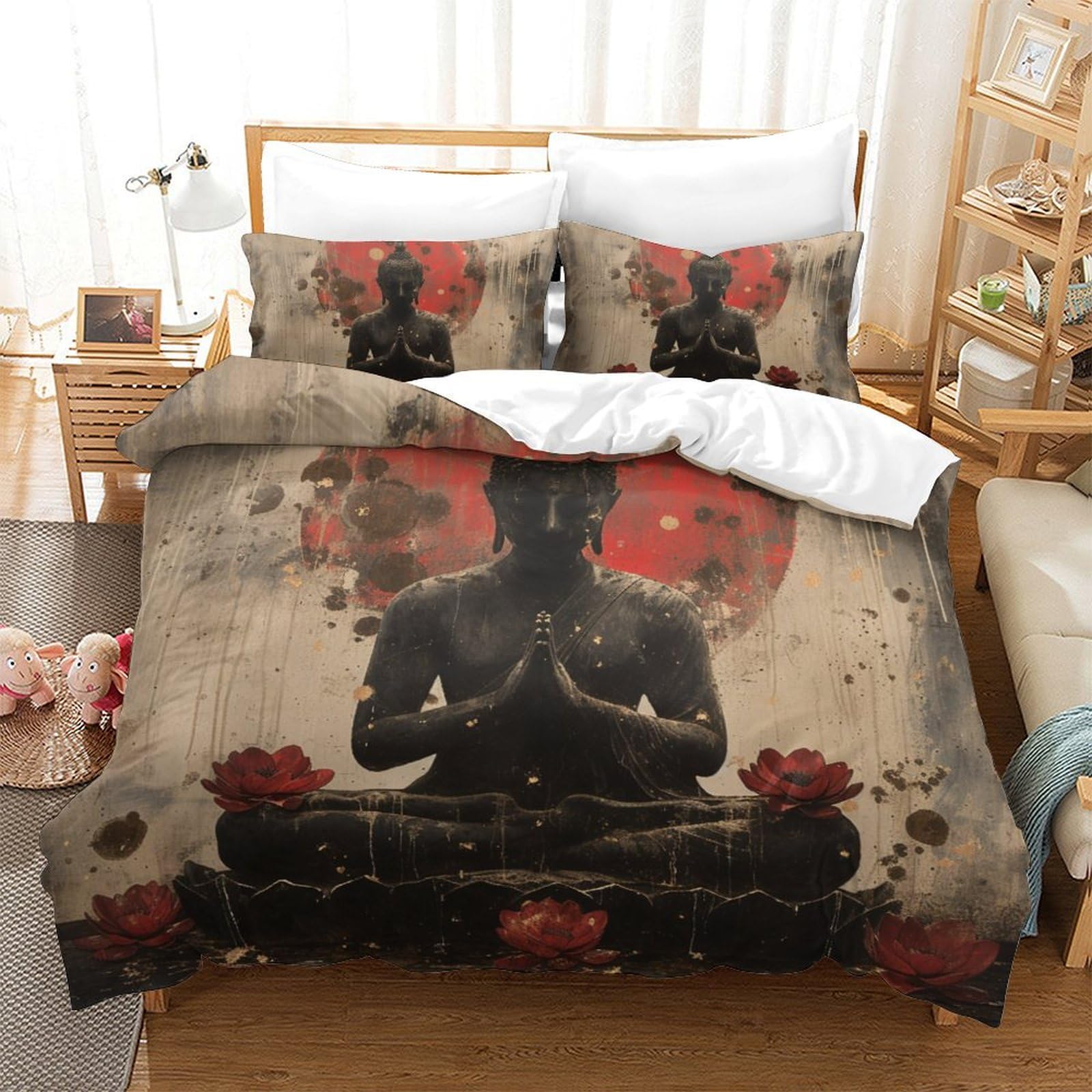 Linge de lit Bouddha 3D facile à changer grâce à sa fermeture éclair pratique pour grand lit King