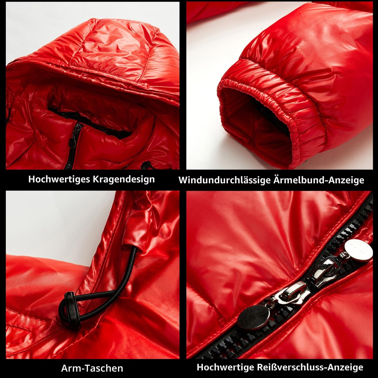 Winterkapuzenjacke, warm, mittleres Gewicht, Metallic-Daunenjacke, Reißverschluss, Steppung, glänzender Puffermantel, Schwarz , M