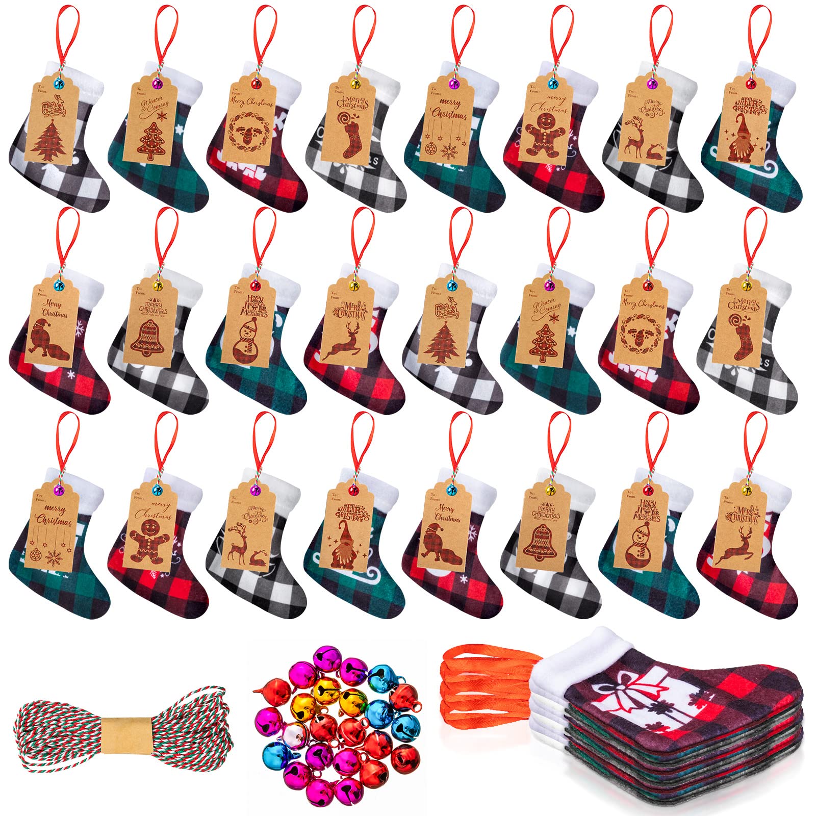 24 Pcs Mini Christmas Stockings 6 Inch Small Xmas Buffalo Plaid Stocking with Plush Cuff Christmas Tree Ornaments Favor Bags with Xmas Kraft Paper Tags 32.8 Feet Rope (Red, Black, White, Green)