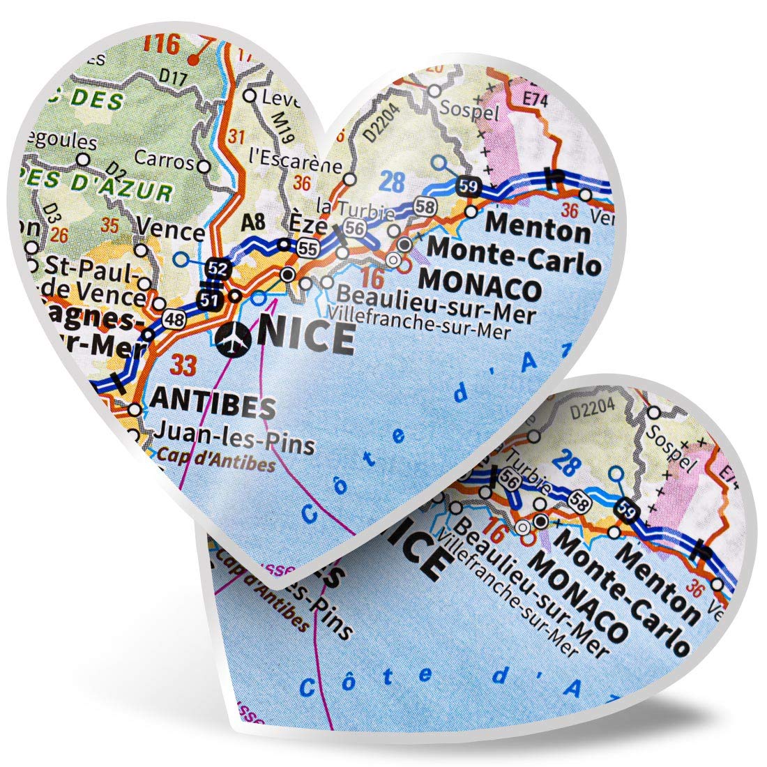 Destination Vinyl Ltd Multi 2 X 7.5Cm Heart Stickers - Nice City France French Travel Map Decals 45872