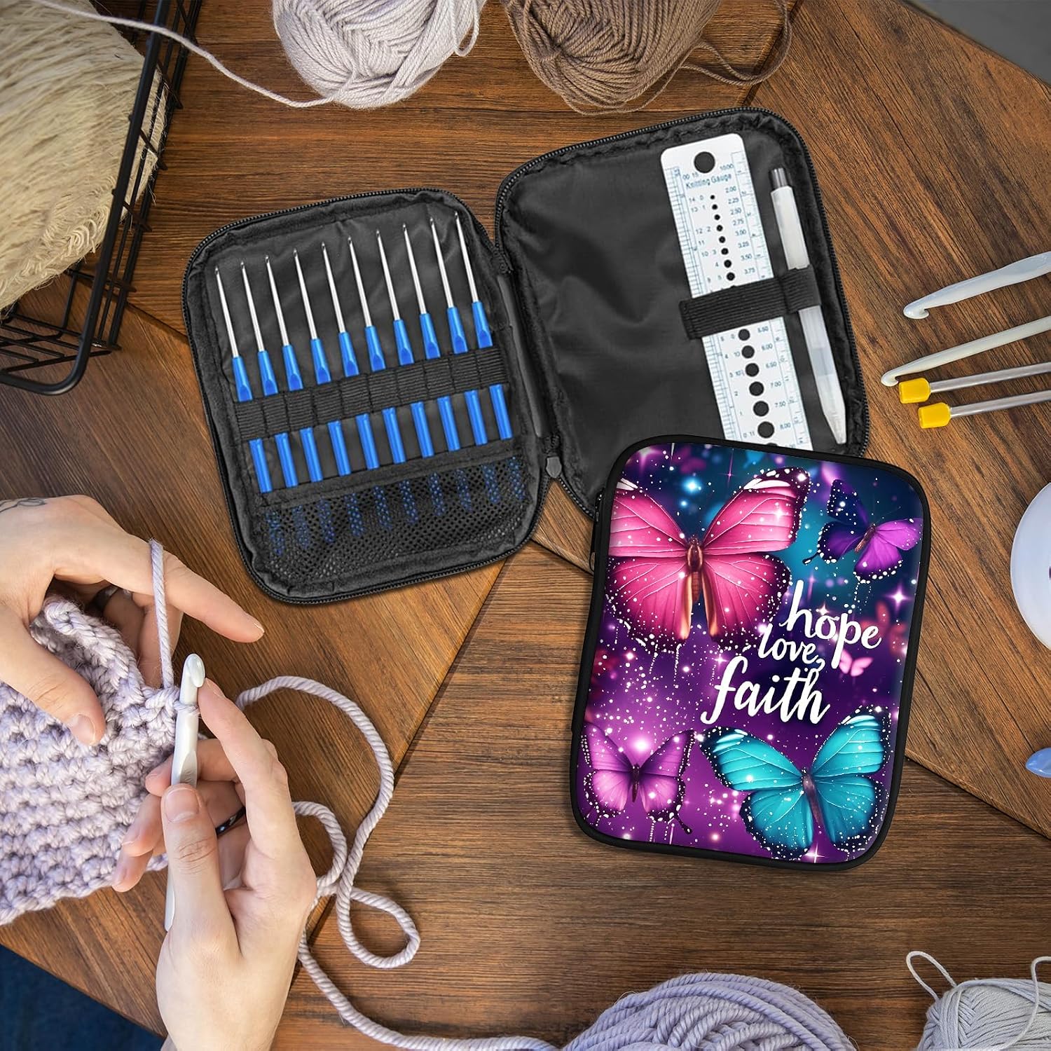 Crochet Hook Case Organizer with Zipper,Elastic Slots and Mesh Pockets