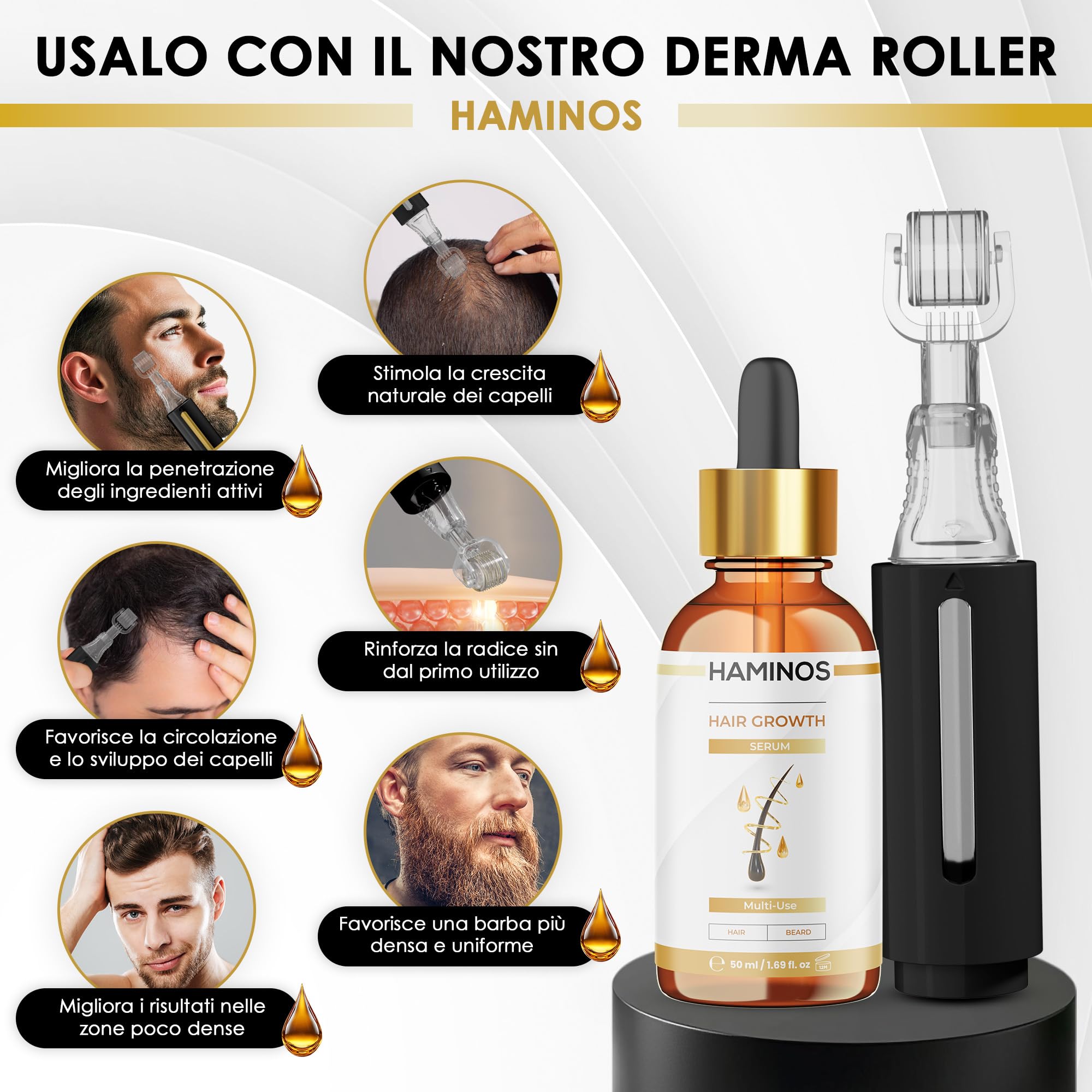HAMINOS Derma Roller 0,5 mm con Siero Capelli per Uomo, Microneedle Roller per Cuoio Capelluto e Barba con Serbatoio, Applicatore Siero per Attaccatura, Corona e Barba