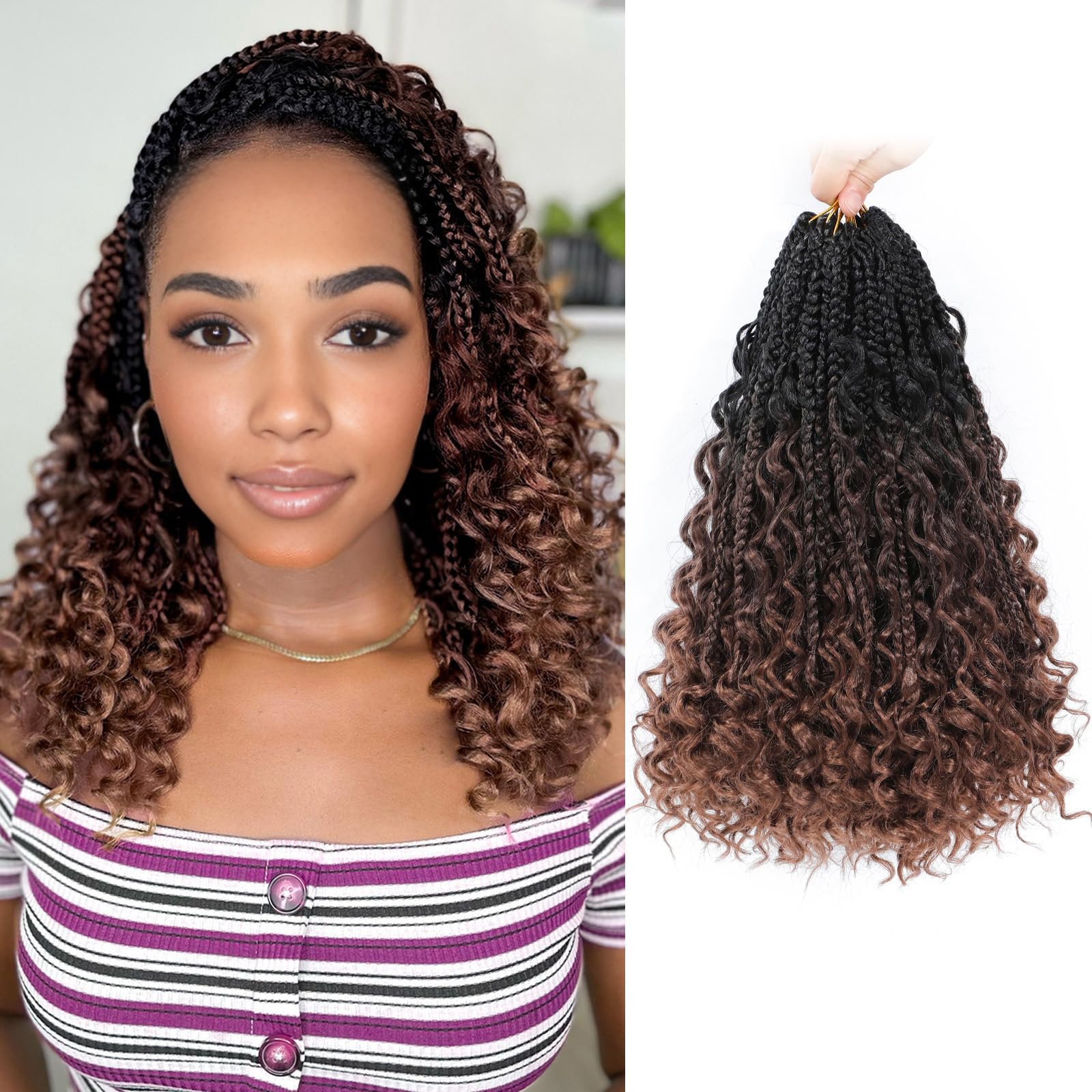 Yewell Goddess Box Braids Crochet Hair 10 Inch Boho Crochet Box Braid With Curly Ends, 9 Packs Bohomian Box Braids Crochet Hair For Black Women Pre
