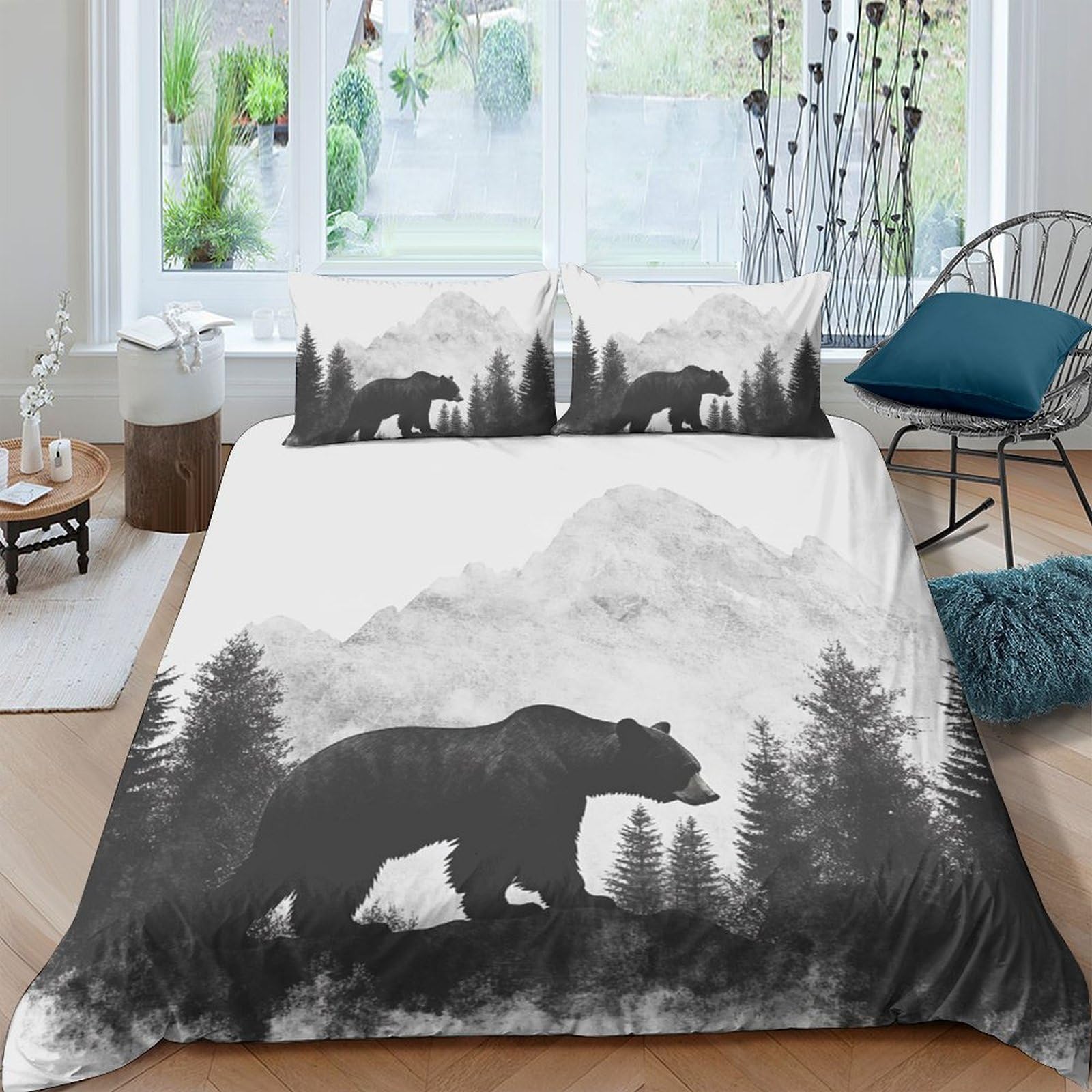 Ctjqhvkz Style-1 3D Printed Black Bear Forest Fitted Sheet Microfiber Soft Breathable Mountain Landscape Mattress Cover For Bedroom Home Decor Single（135X200cm）