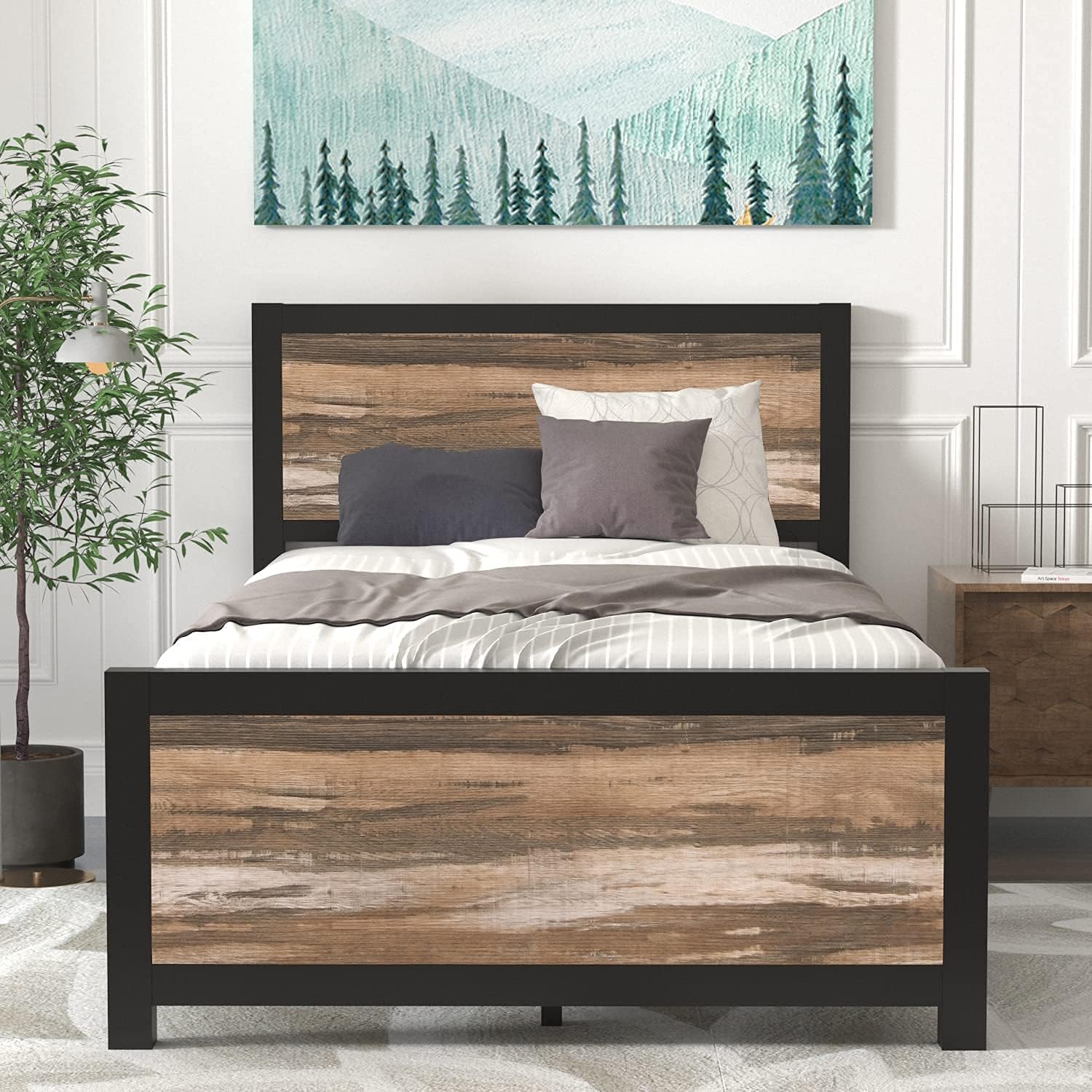 Catrimown Twin Bed Frame with Headboard and Footboard, Twin Platform Bed Frame with Under Bed Storage, Strong Metal Slats Support, No Noise, Easy Assembly, Industrial Brown