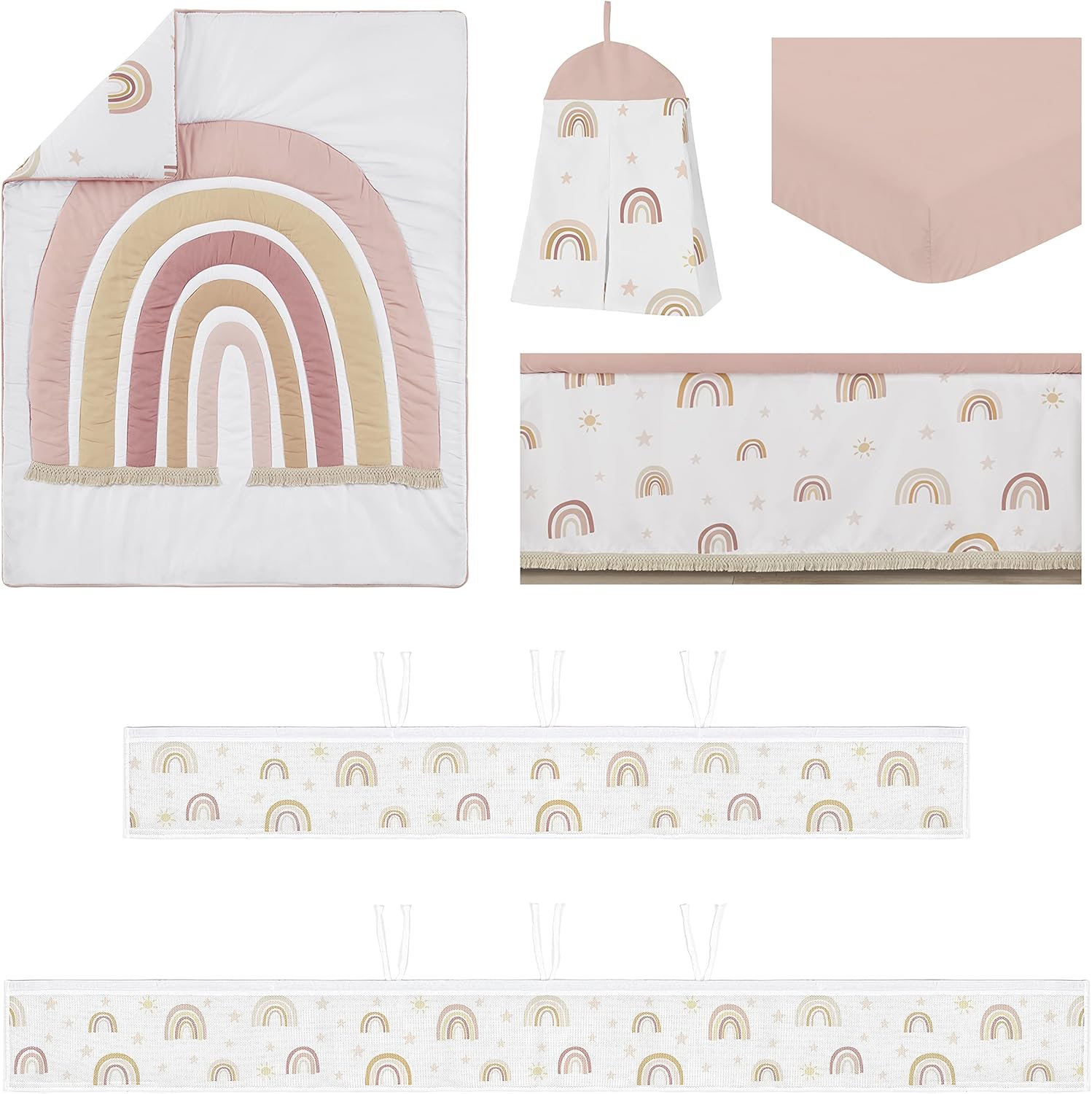 Sweet Jojo Designs Boho Rainbow Girl Baby Crib Bedding Set Infant Nursery BreathableBaby Breathable Mesh Crib Liner Blanket Sheet Skirt 6 PC Blush Pink Yellow Bohemian Neutral Vintage Mauve Stars Sun
