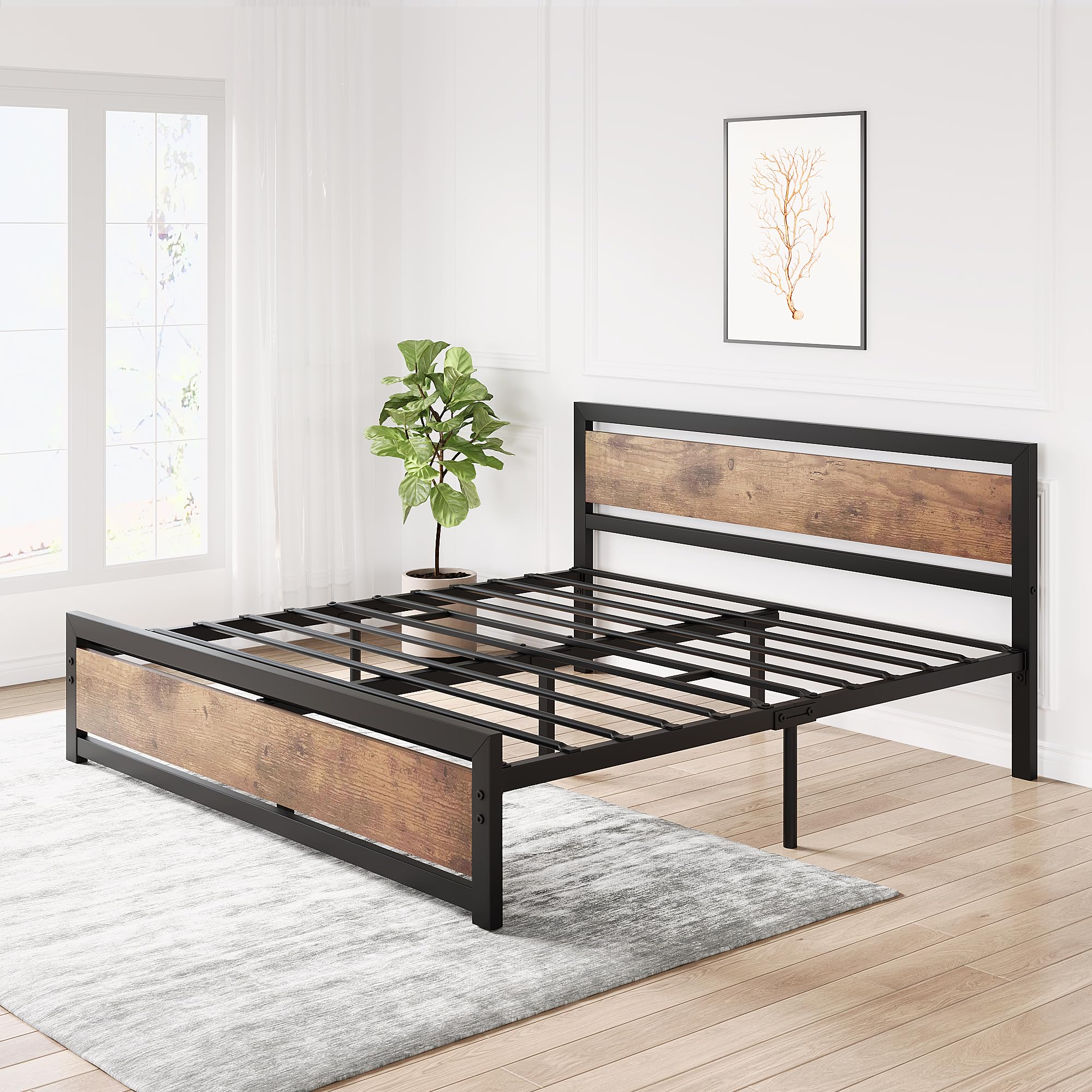 King coucheta Industrial King Bed Frame with Headboard, King Size Bed Platform Frame No Box Spring Needed, Metal King Bedframe Mattress Foundation Easy Assemble, Rustic Brown