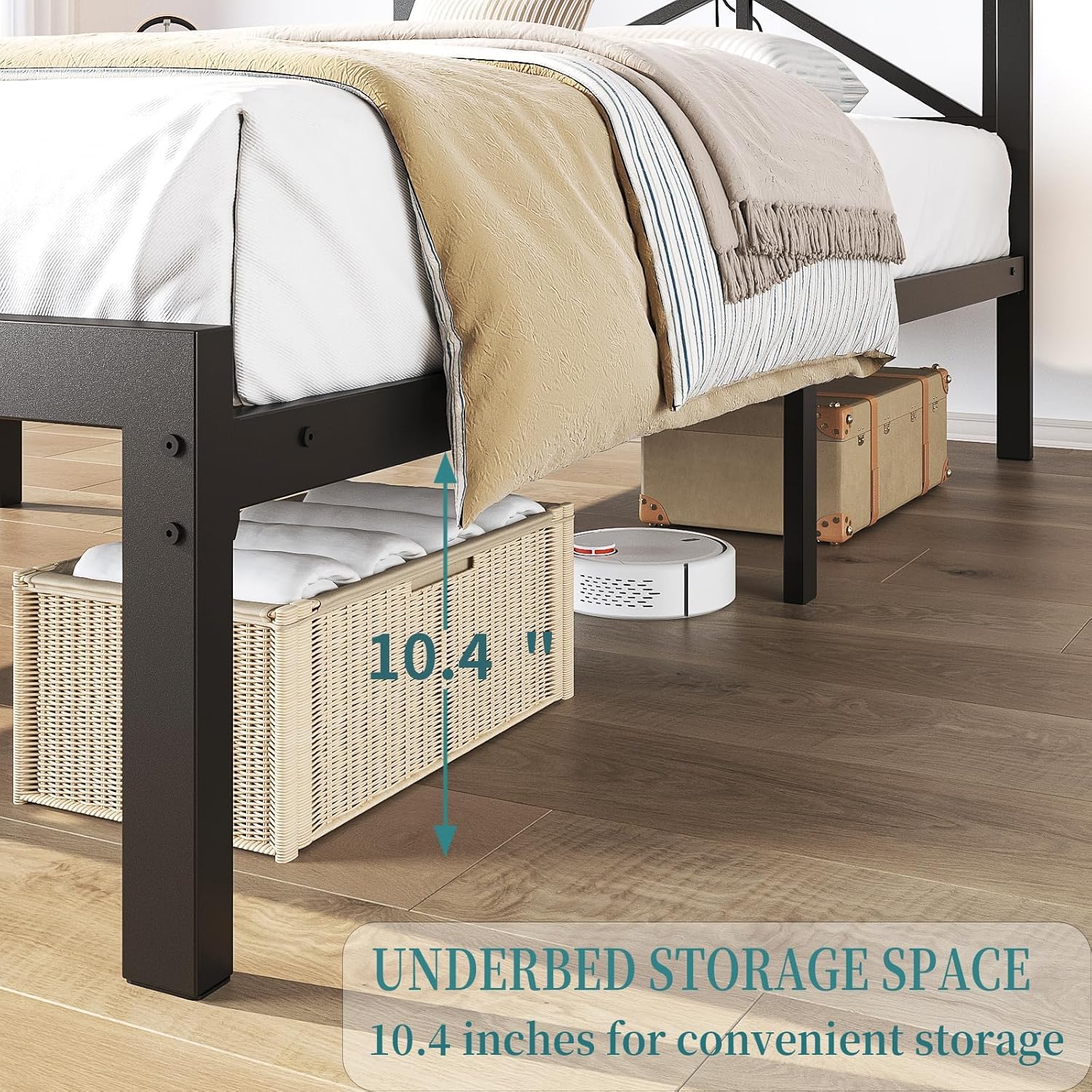 ChicZhiNest Queen Size Black Metal Bed Frame with USB Charging Station, LED Ambient Lighting, and Wooden Storage Headboard - Includes Under-Bed Storage, No Box Spring Needed, Noise Free, Easy Assembly - Image 5