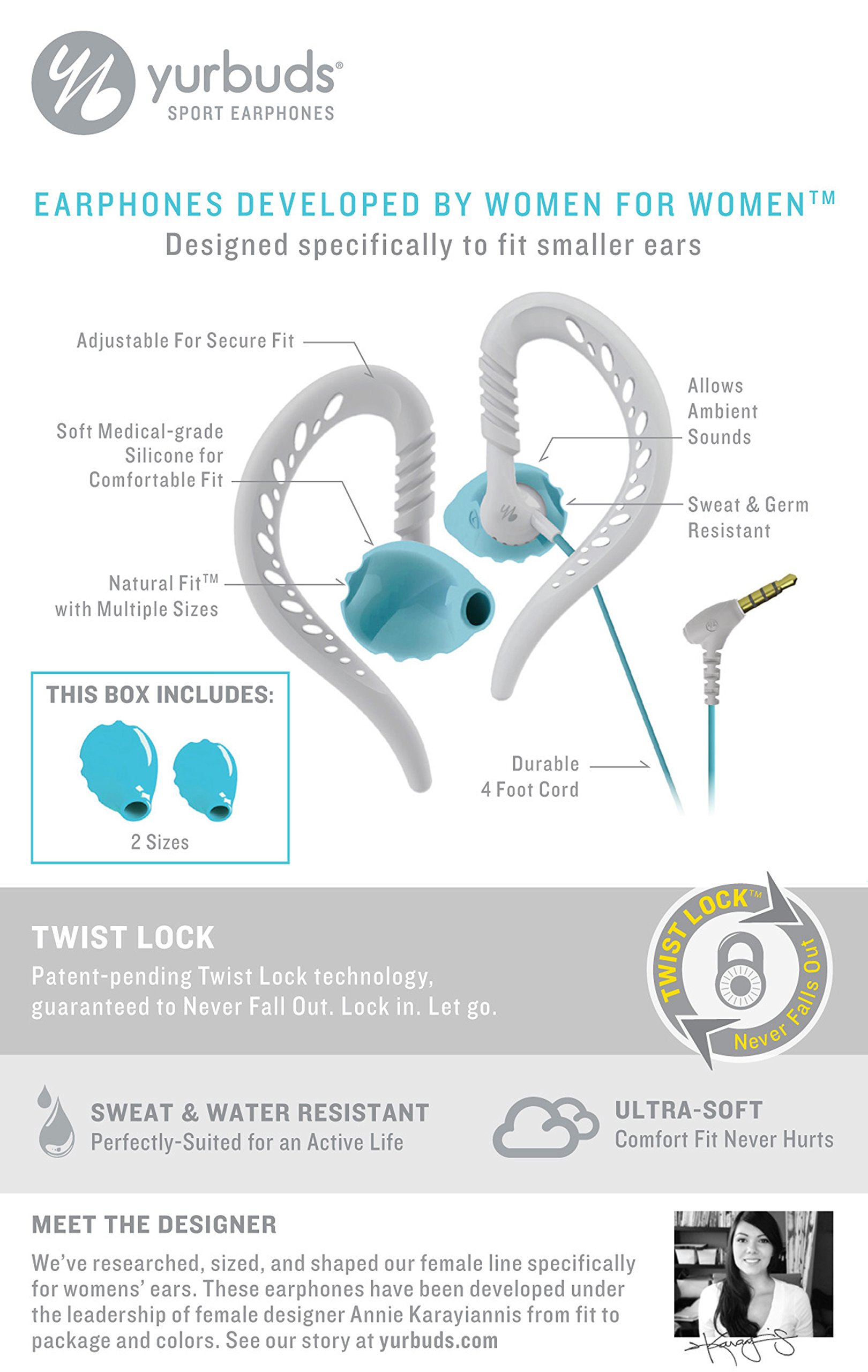 Yurbuds Inspire 100 Cuffie Sportive Con Gancio - Blu, Resistenti Al Sudore, Jack 3.5mm - Foto 3